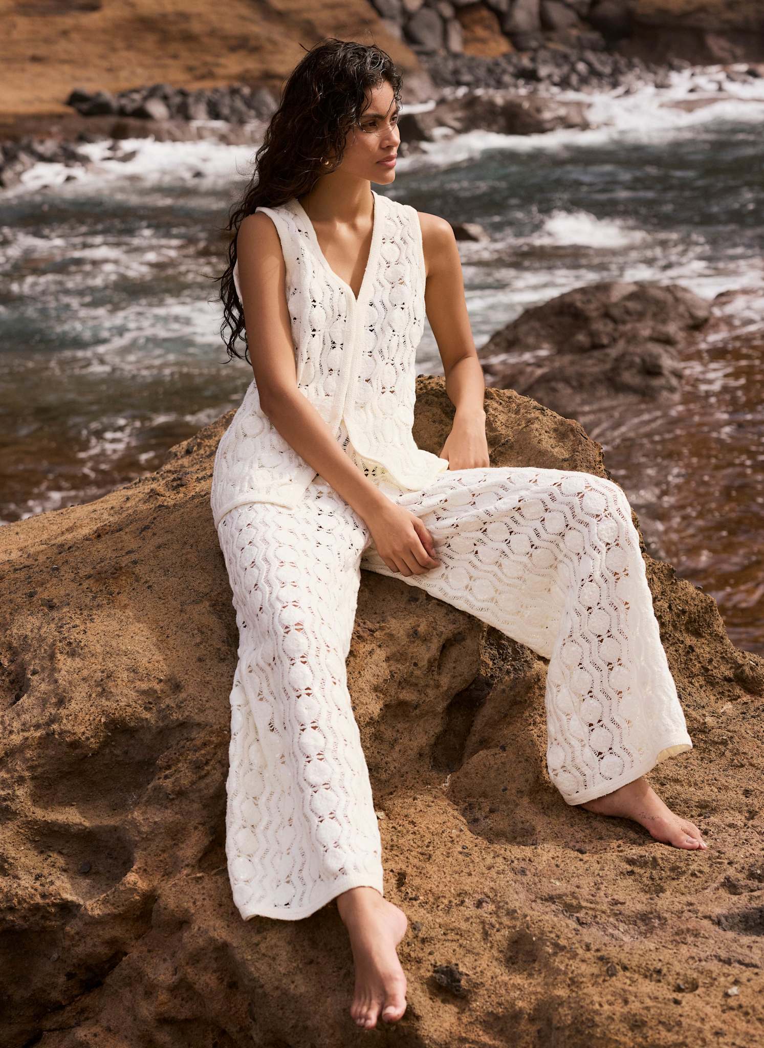 White Crochet Sequin Trousers - Image 4