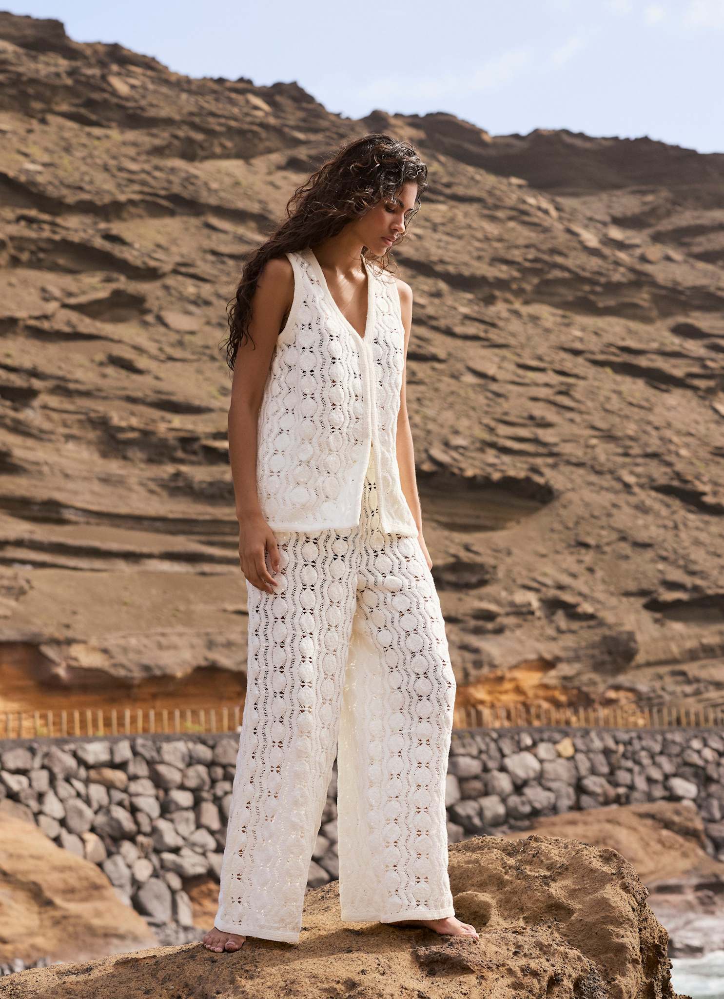 White Crochet Sequin Trousers - Image 6