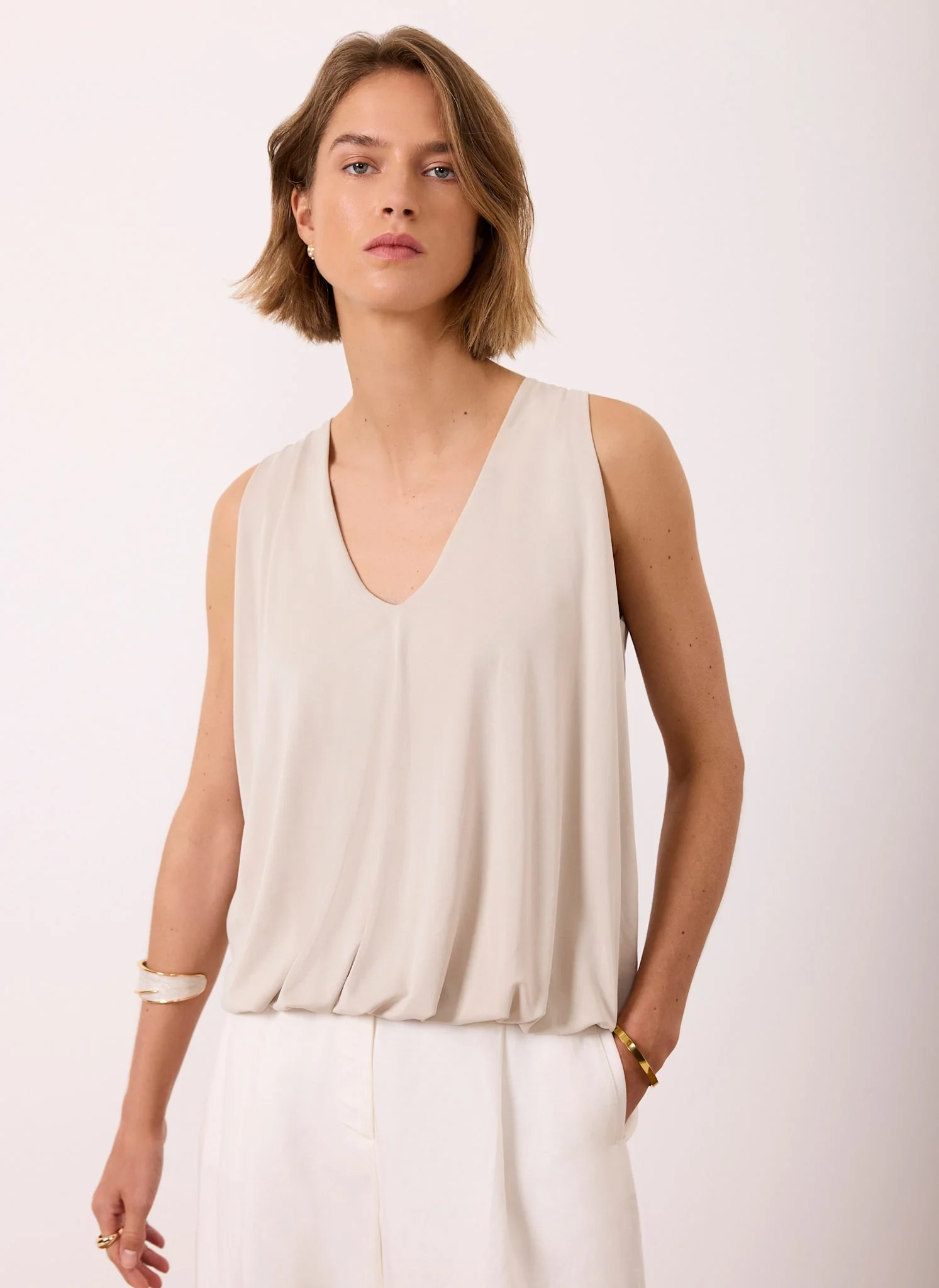 Neutral V Neck Bubble Hem Top - Image 2