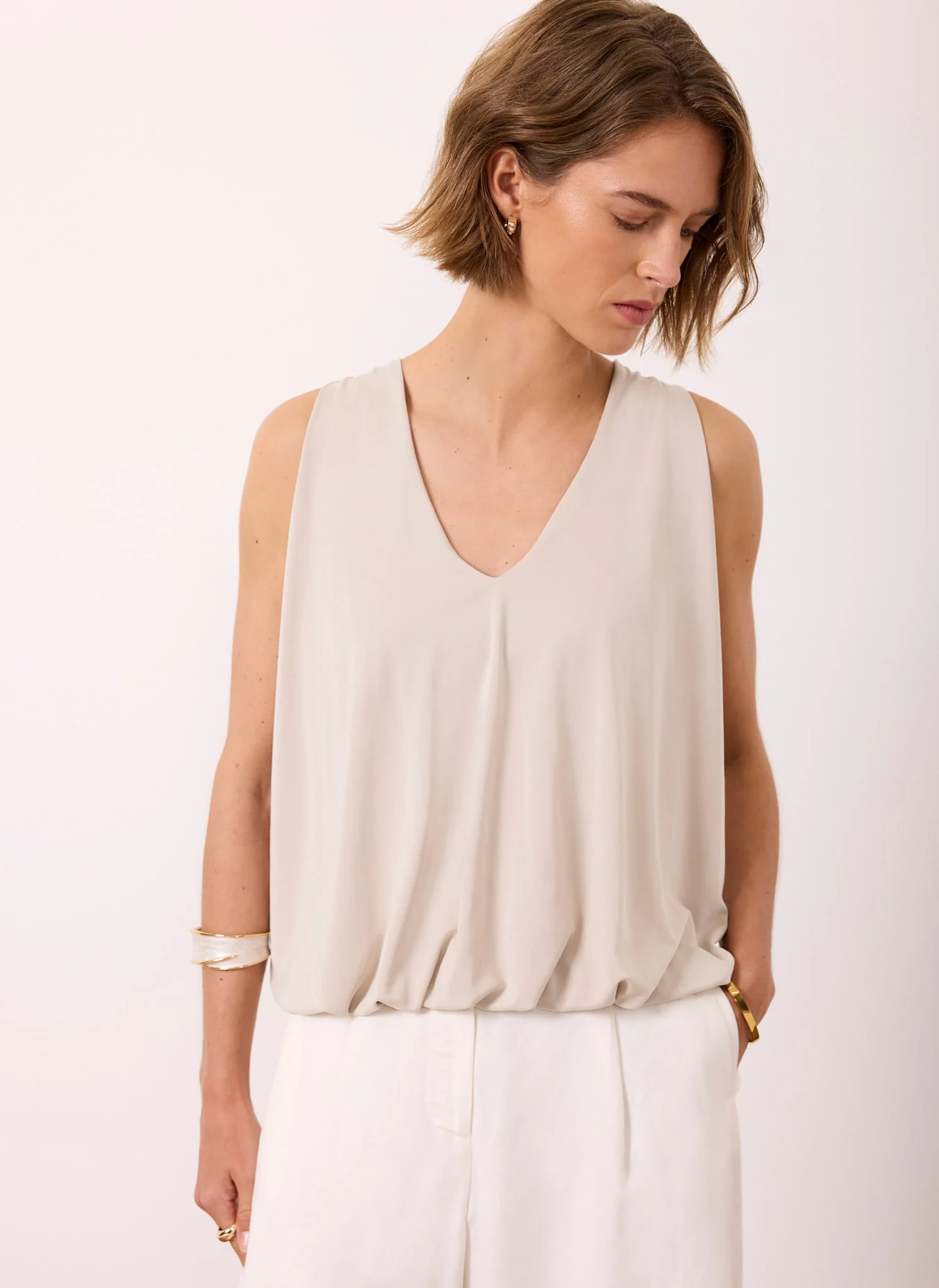Neutral V Neck Bubble Hem Top - Image 5