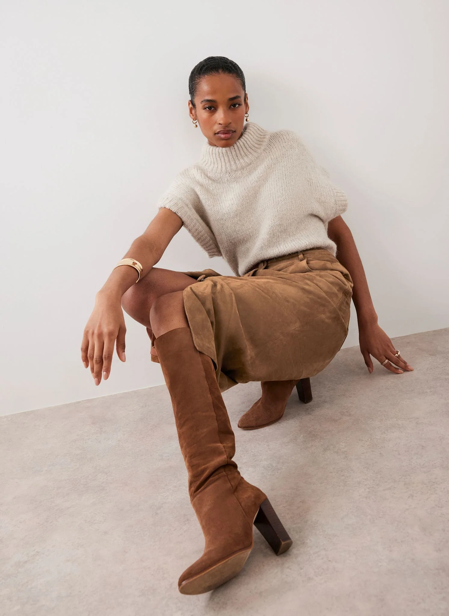 Neutral Wool Blend High Neck Knit Top - Image 4