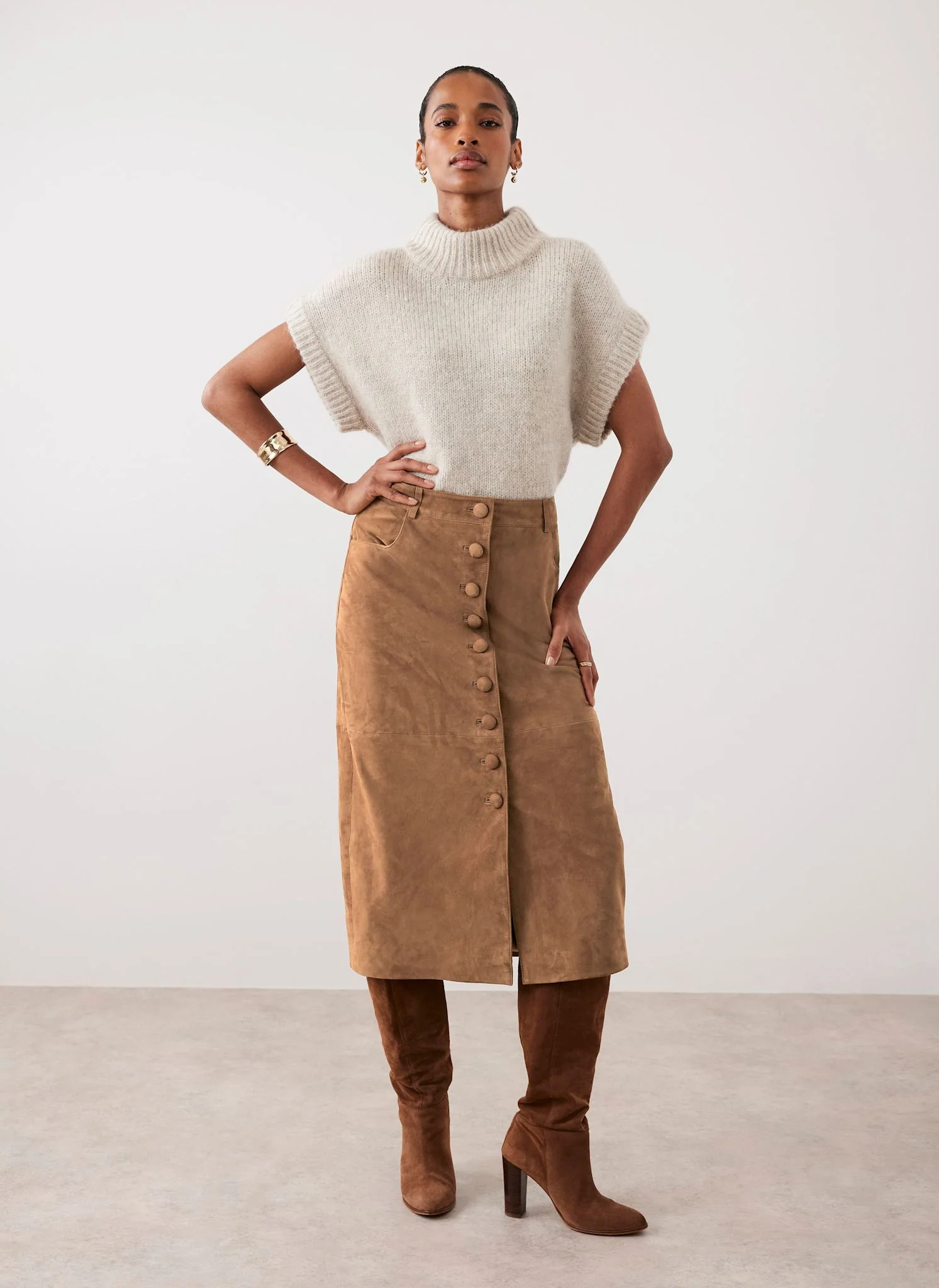 Neutral Wool Blend High Neck Knit Top - Image 6