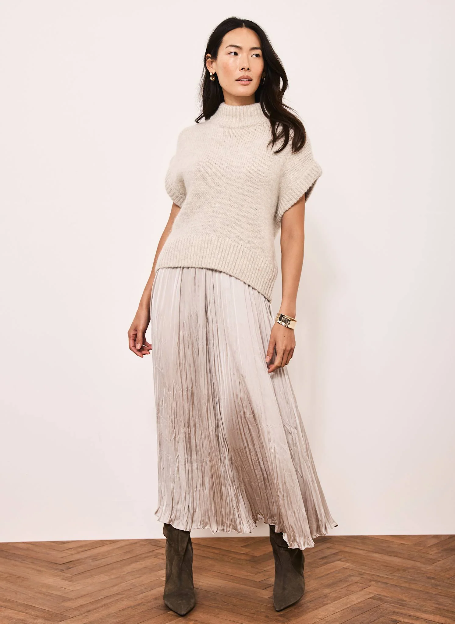 Neutral Wool Blend Layered Maxi Dress - Image 3