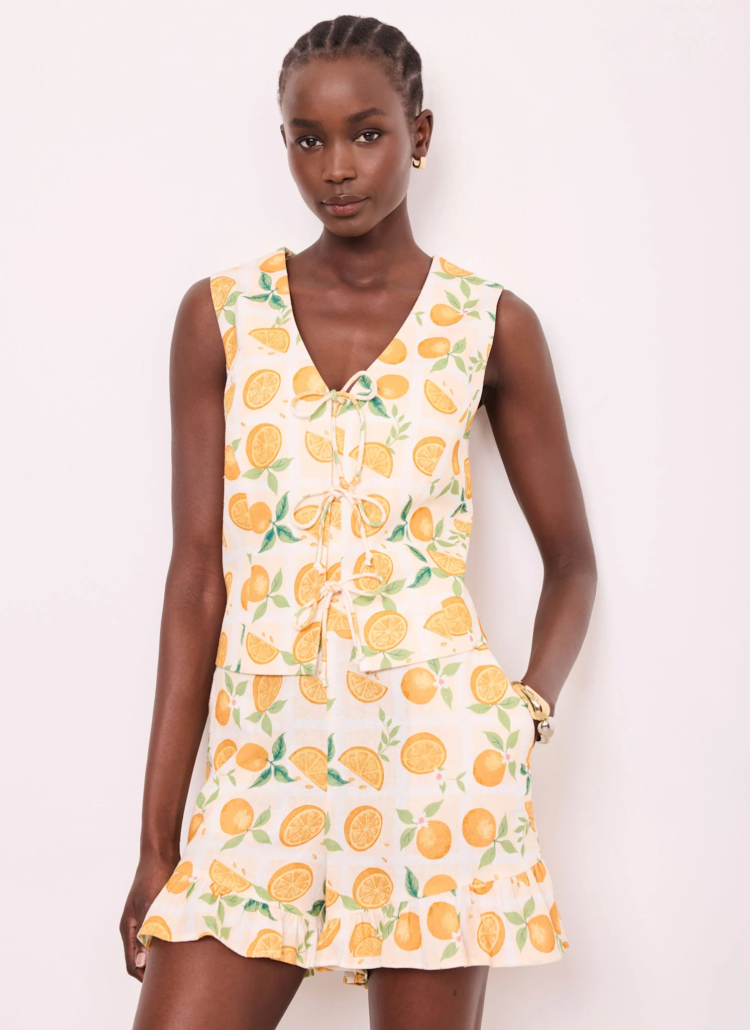 Orange Print Linen Blend Waistcoat Top - Image 5