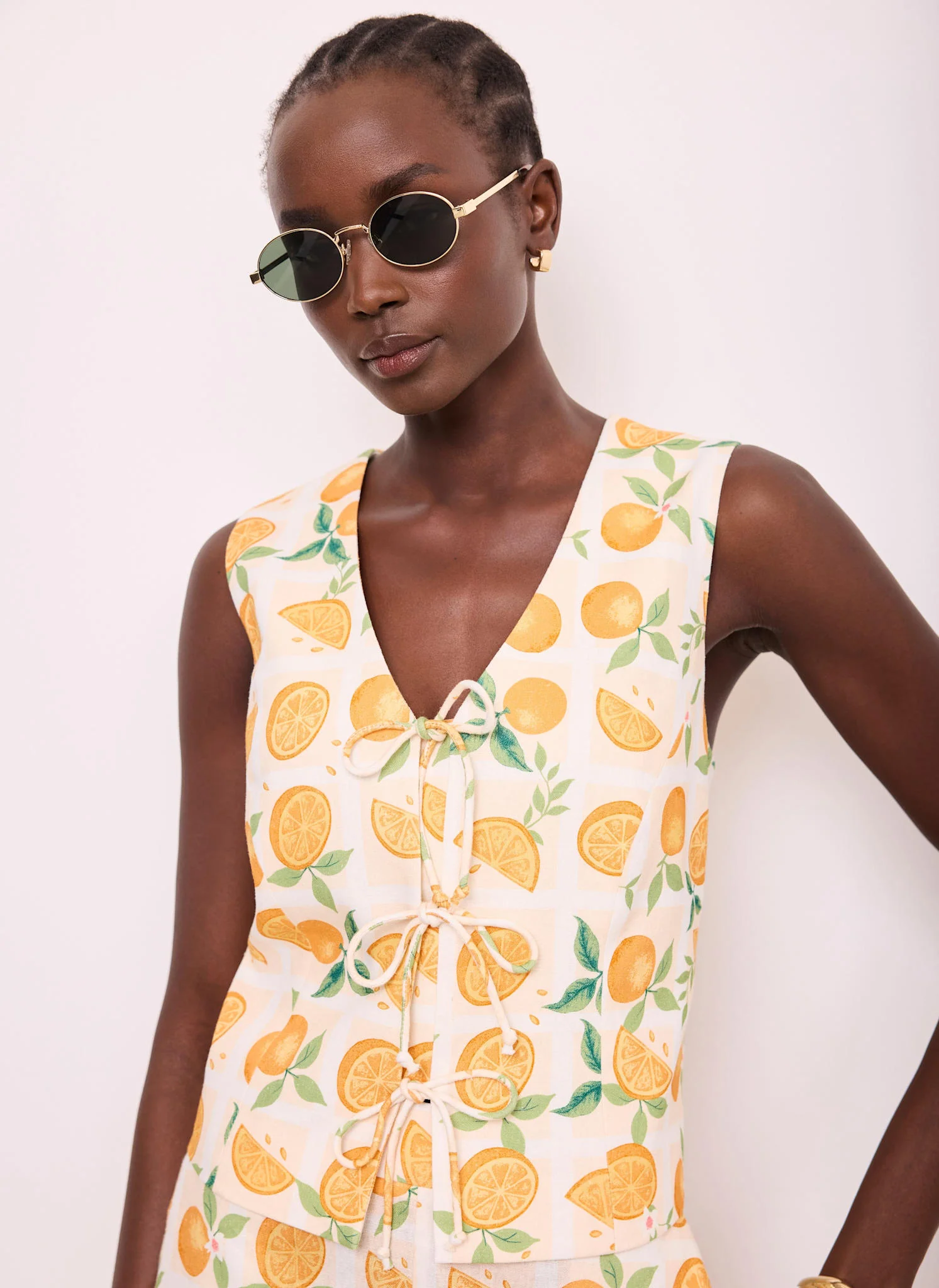 Orange Print Linen Blend Waistcoat Top - Image 6