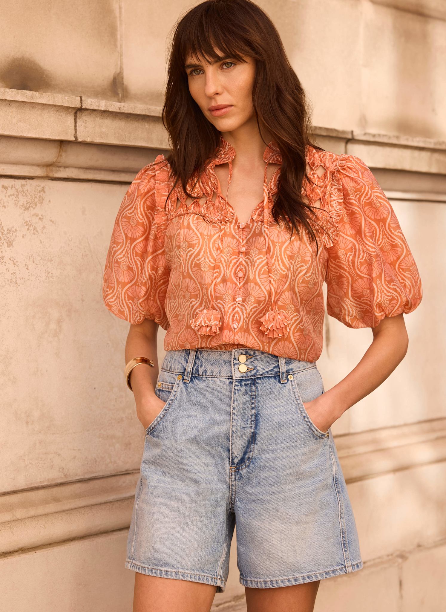 Orange Printed Cut Out Tie Blouse - Image 3