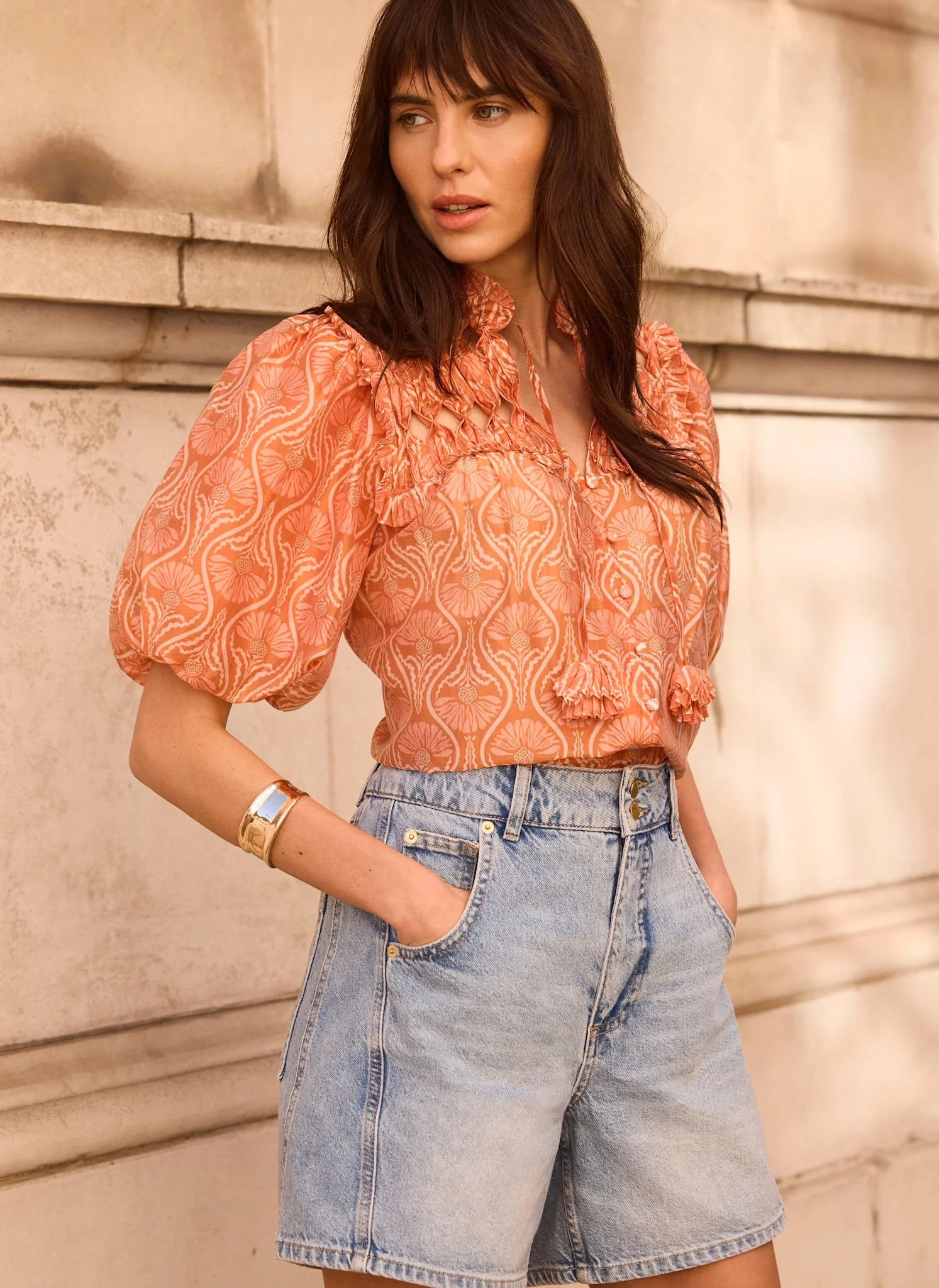 Orange Printed Cut Out Tie Blouse - Image 5