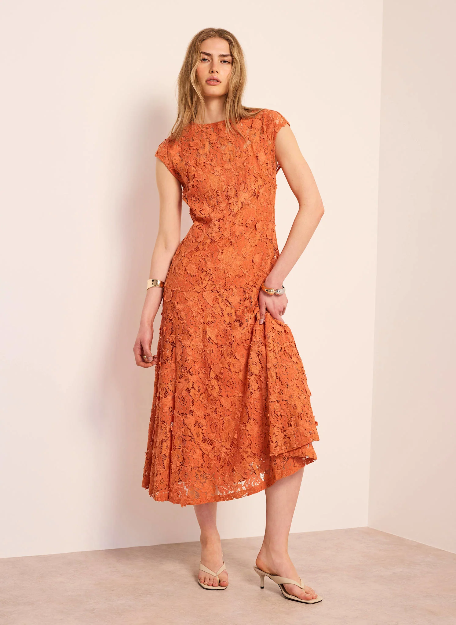 Orange Lace Midi Dress - Image 3