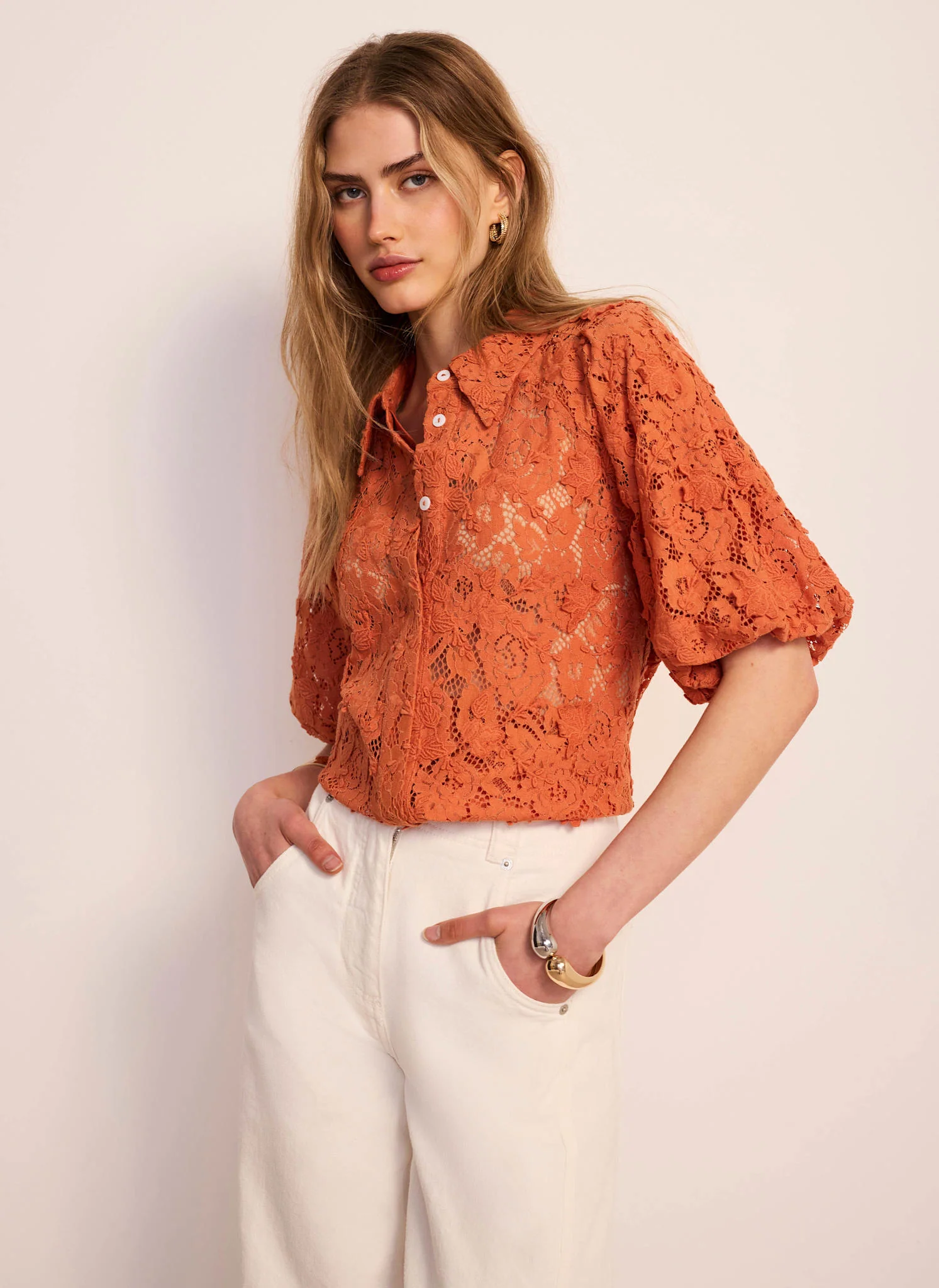 Orange Lace Puff Sleeve Shirt - Image 2