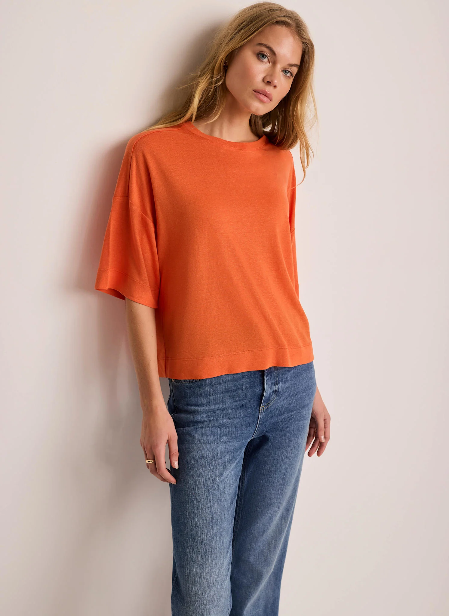 Orange Linen Blend Boxy T-Shirt - Image 4