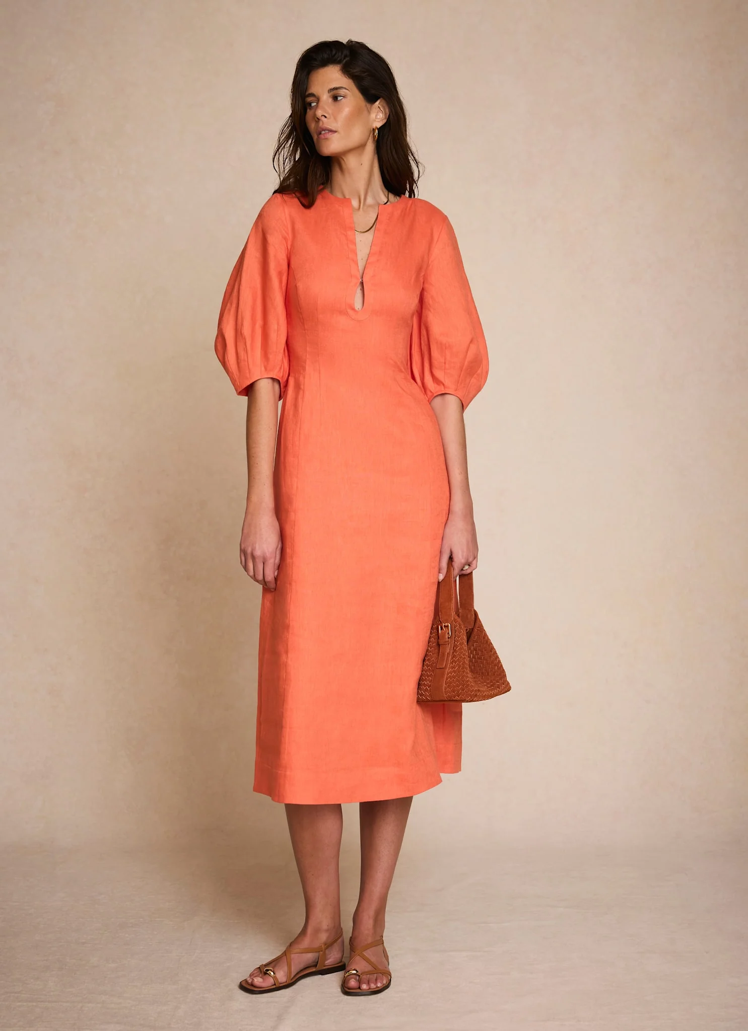 Orange Linen Puff Sleeve Midi Dress - Image 2