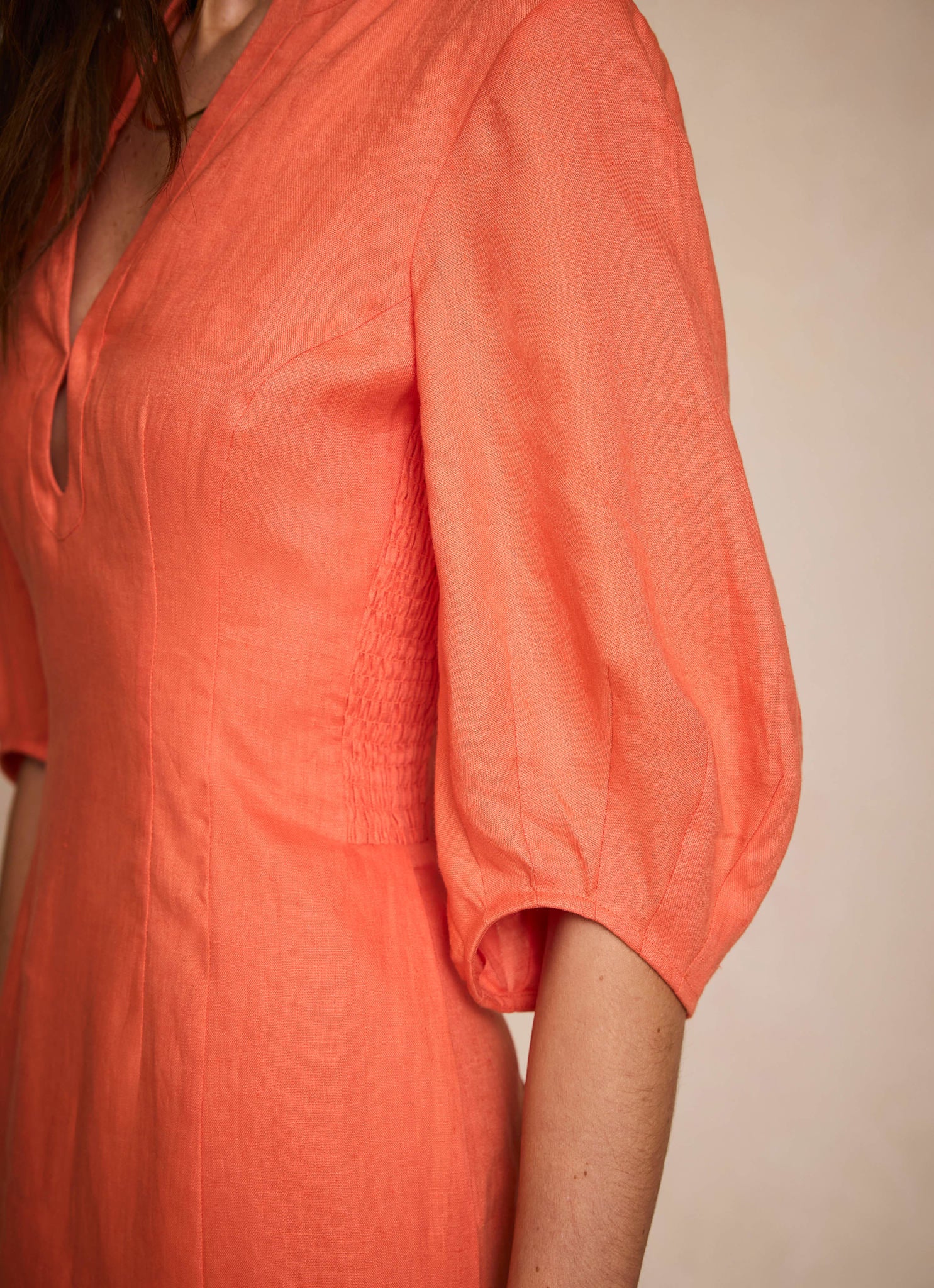 Orange Linen Puff Sleeve Midi Dress - Image 4