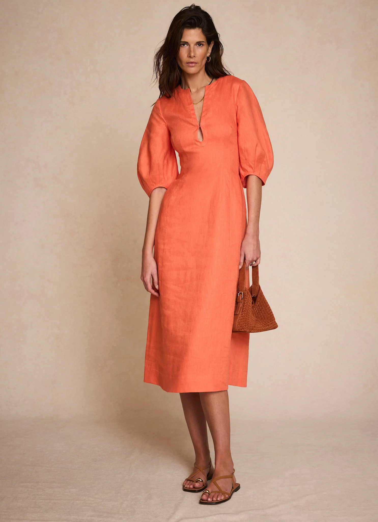 Orange Linen Puff Sleeve Midi Dress - Image 5
