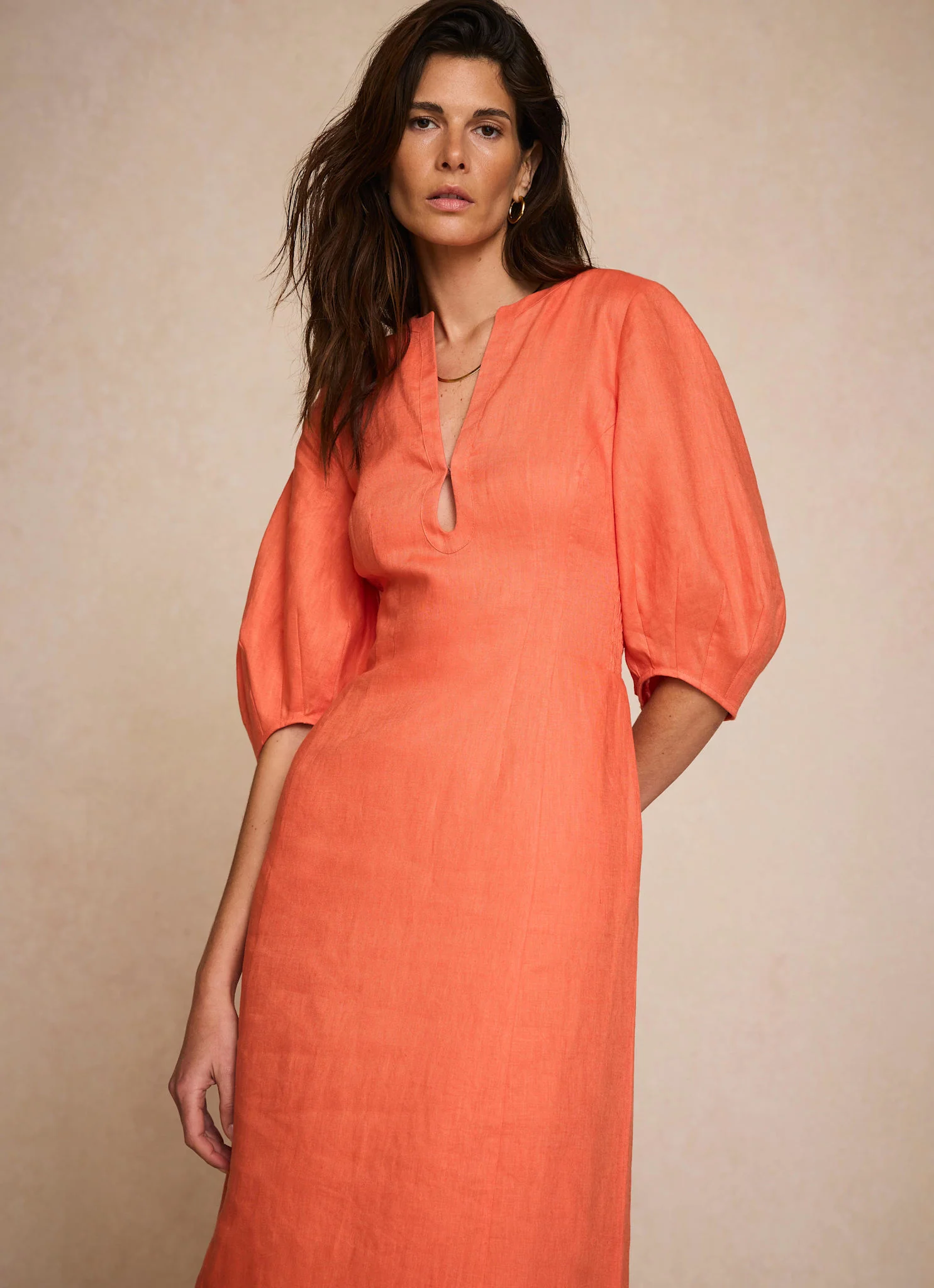 Orange Linen Puff Sleeve Midi Dress - Image 6
