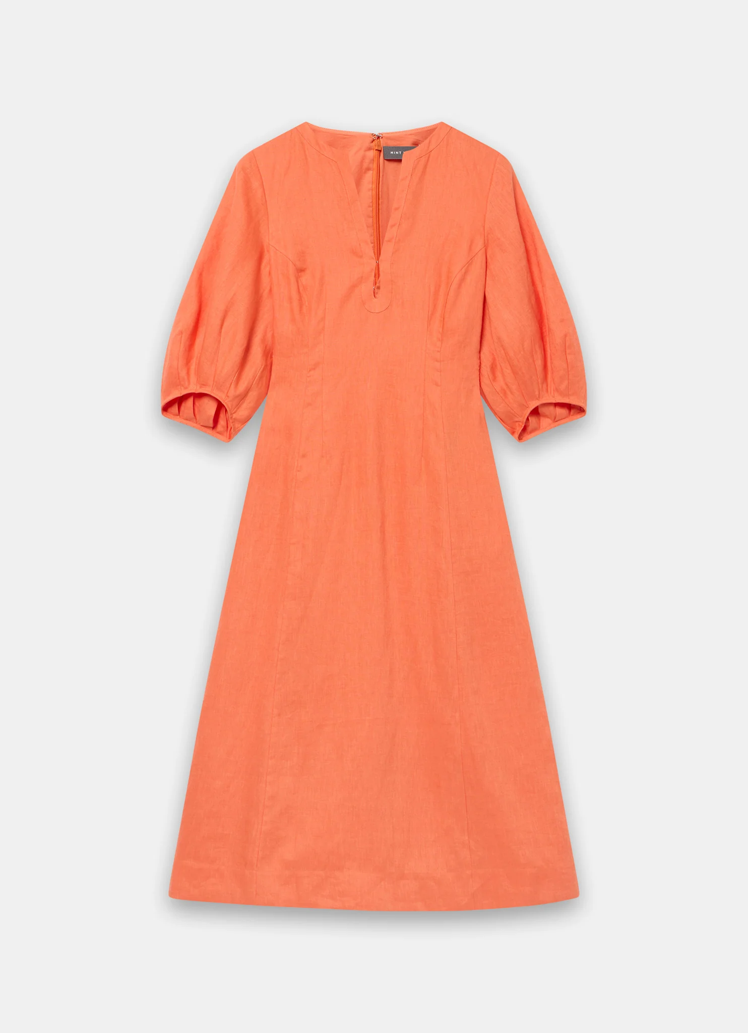 Orange Linen Puff Sleeve Midi Dress - Image 7