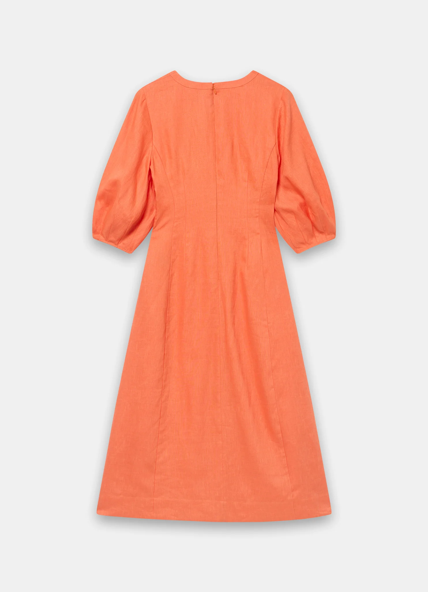 Orange Linen Puff Sleeve Midi Dress - Image 8