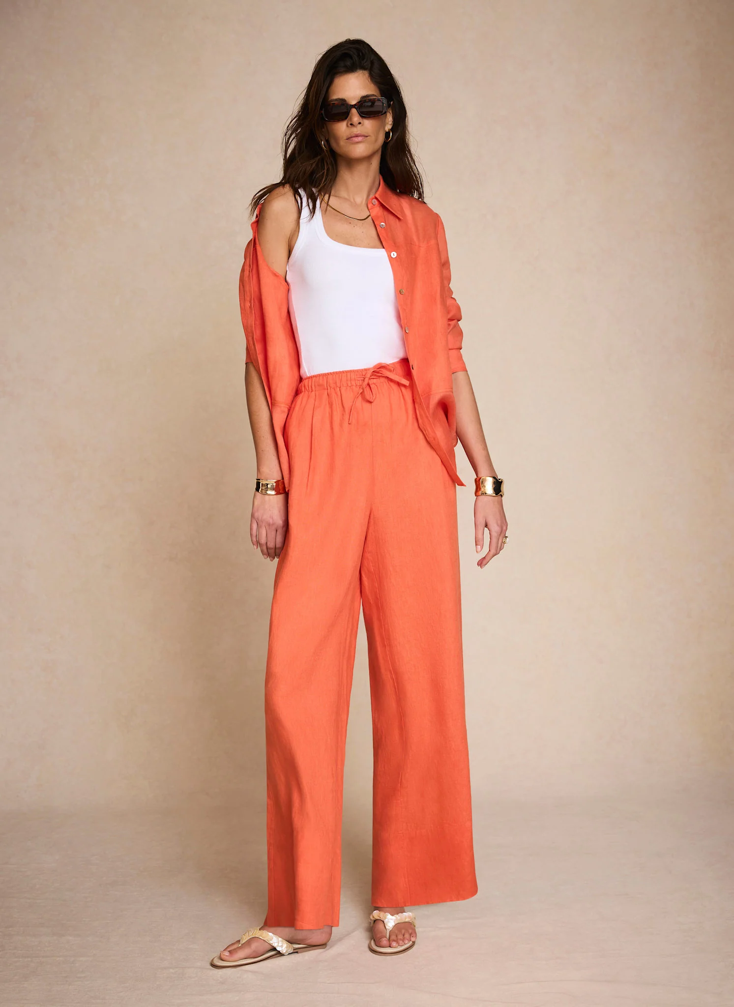 Orange Linen Drawstring Wide Leg Trousers - Image 5