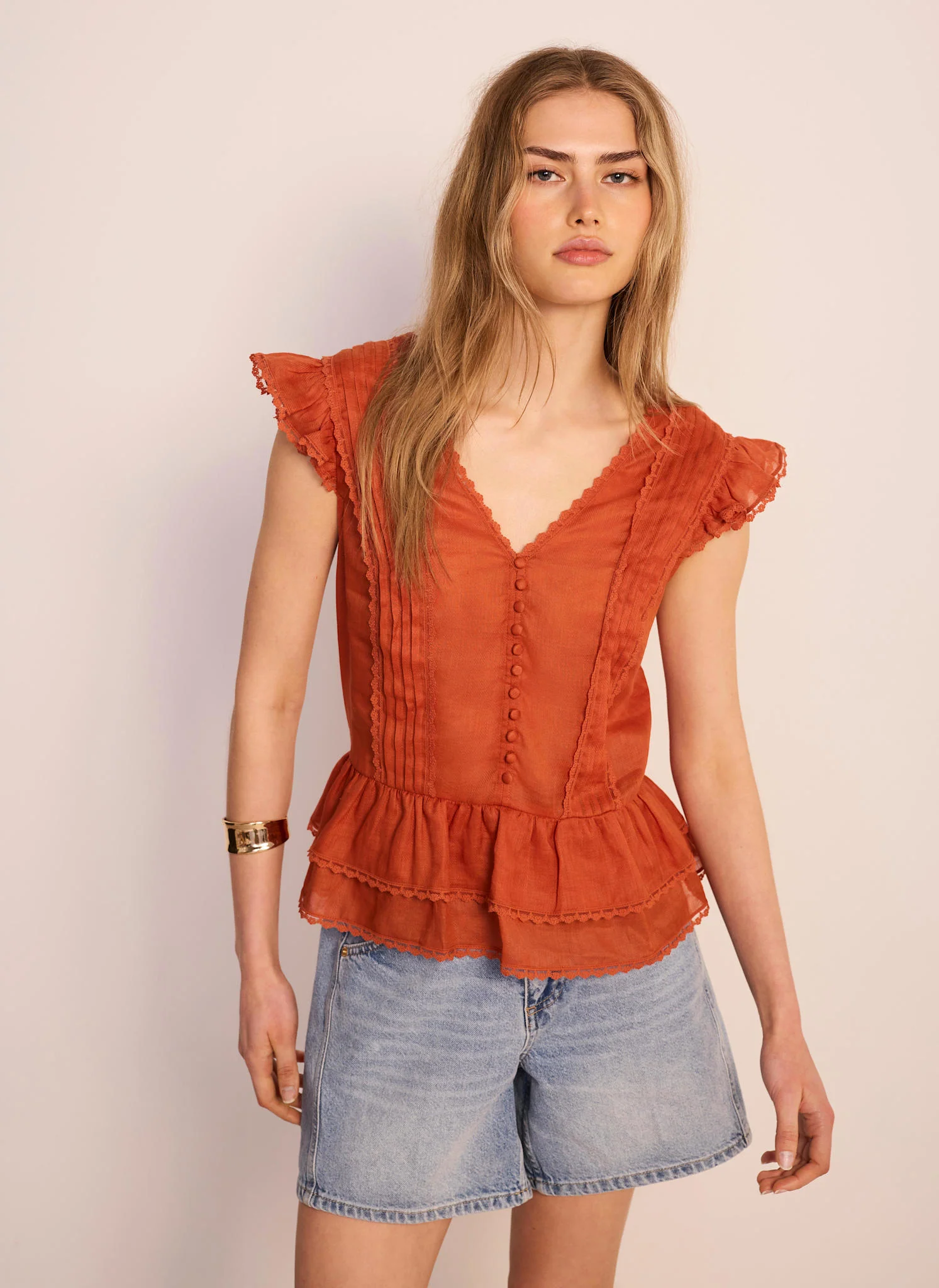 Orange Ramie Ruffle Detail Blouse - Image 2
