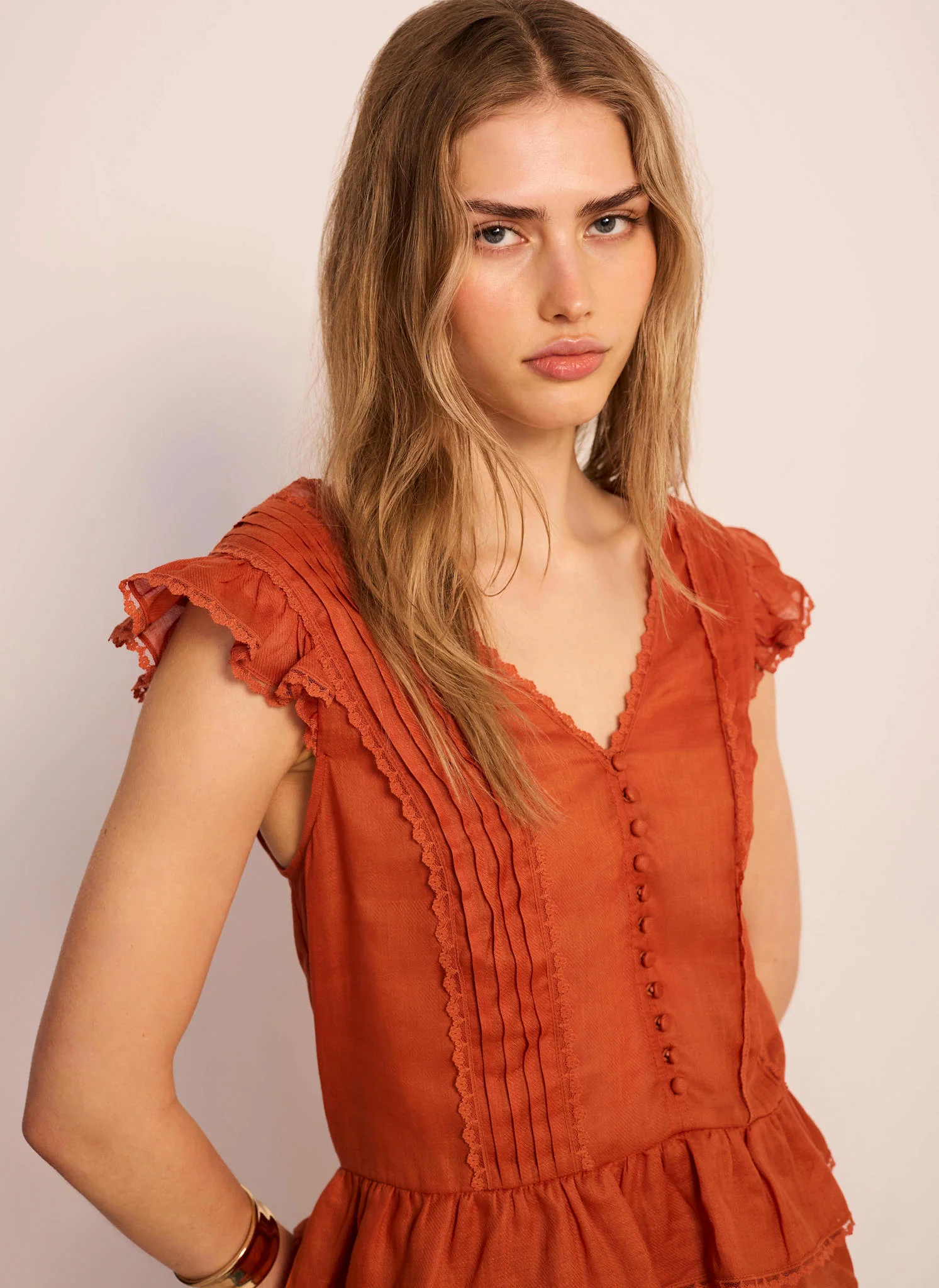 Orange Ramie Ruffle Detail Blouse - Image 3