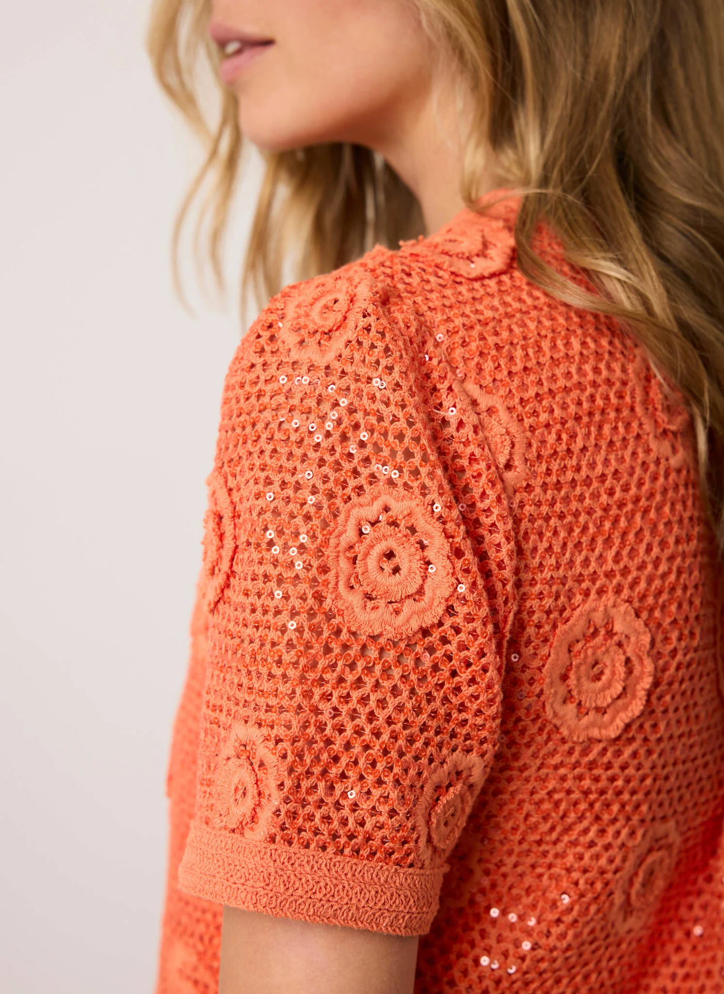 Orange Cotton Sequin Flower Crochet Top - Image 4