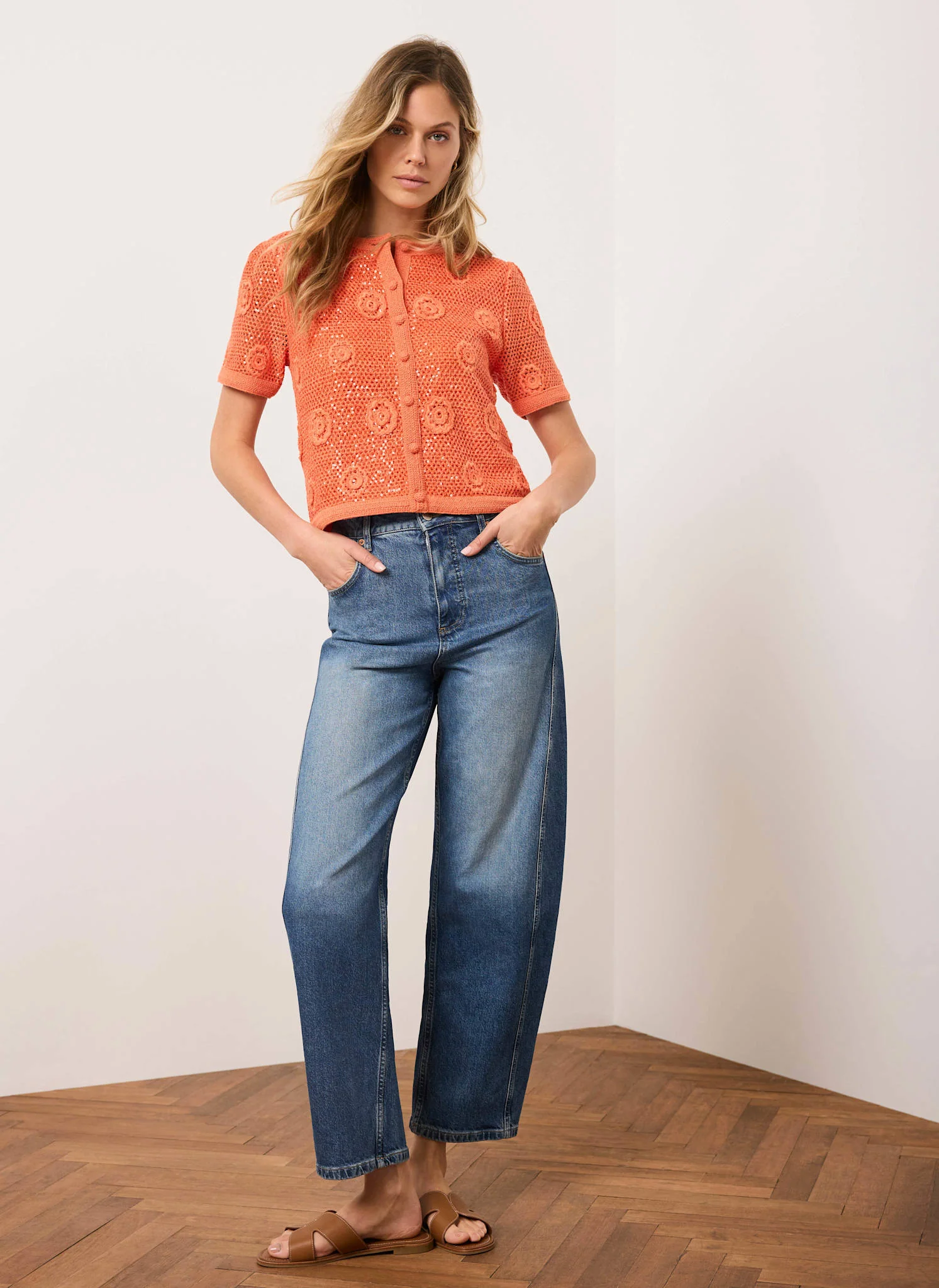Orange Cotton Sequin Flower Crochet Top - Image 6