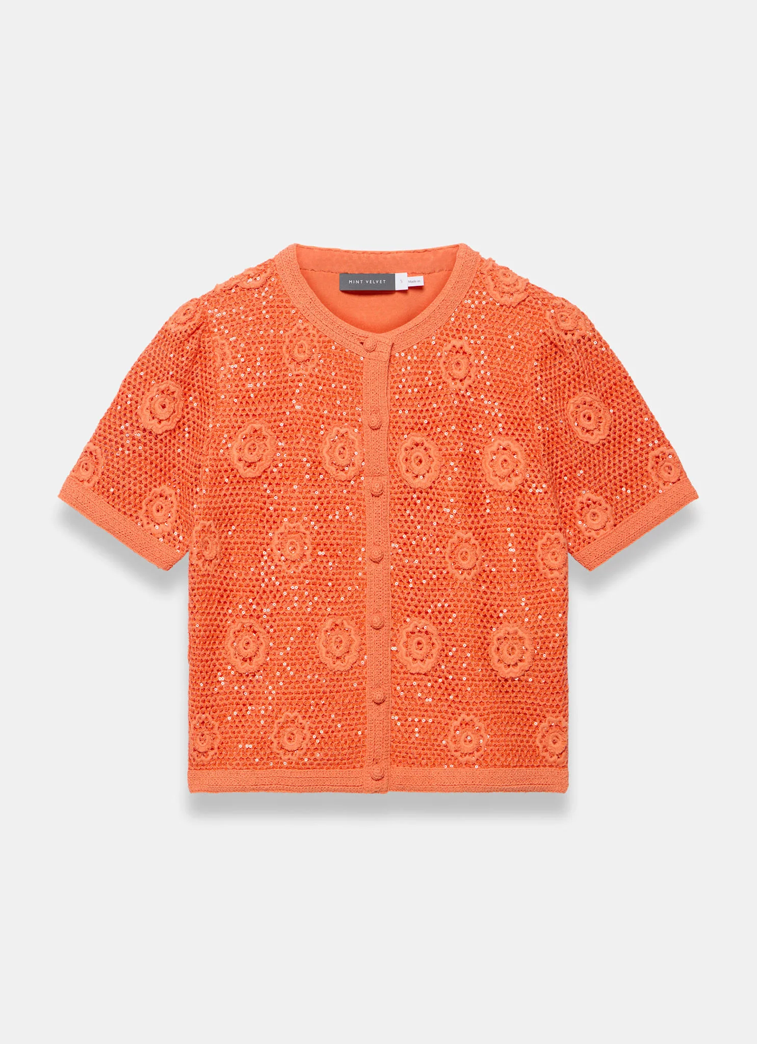 Orange Cotton Sequin Flower Crochet Top - Image 7