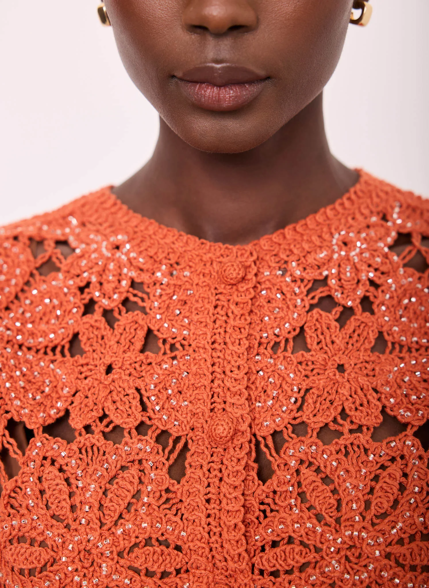 Orange Cotton Blend Embellished Crochet Waistcoat - Image 4