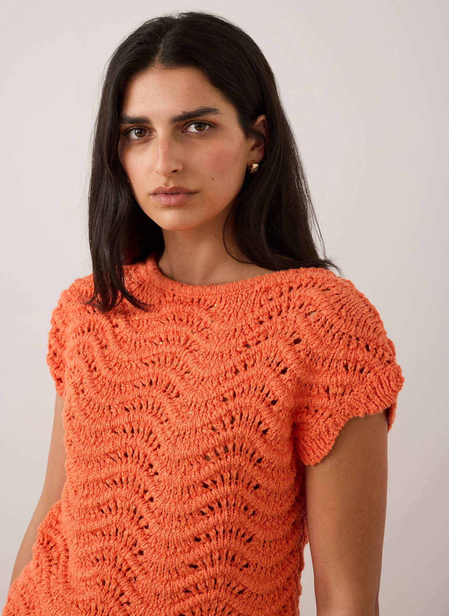Orange Embellished Crochet Knit Top - Image 3
