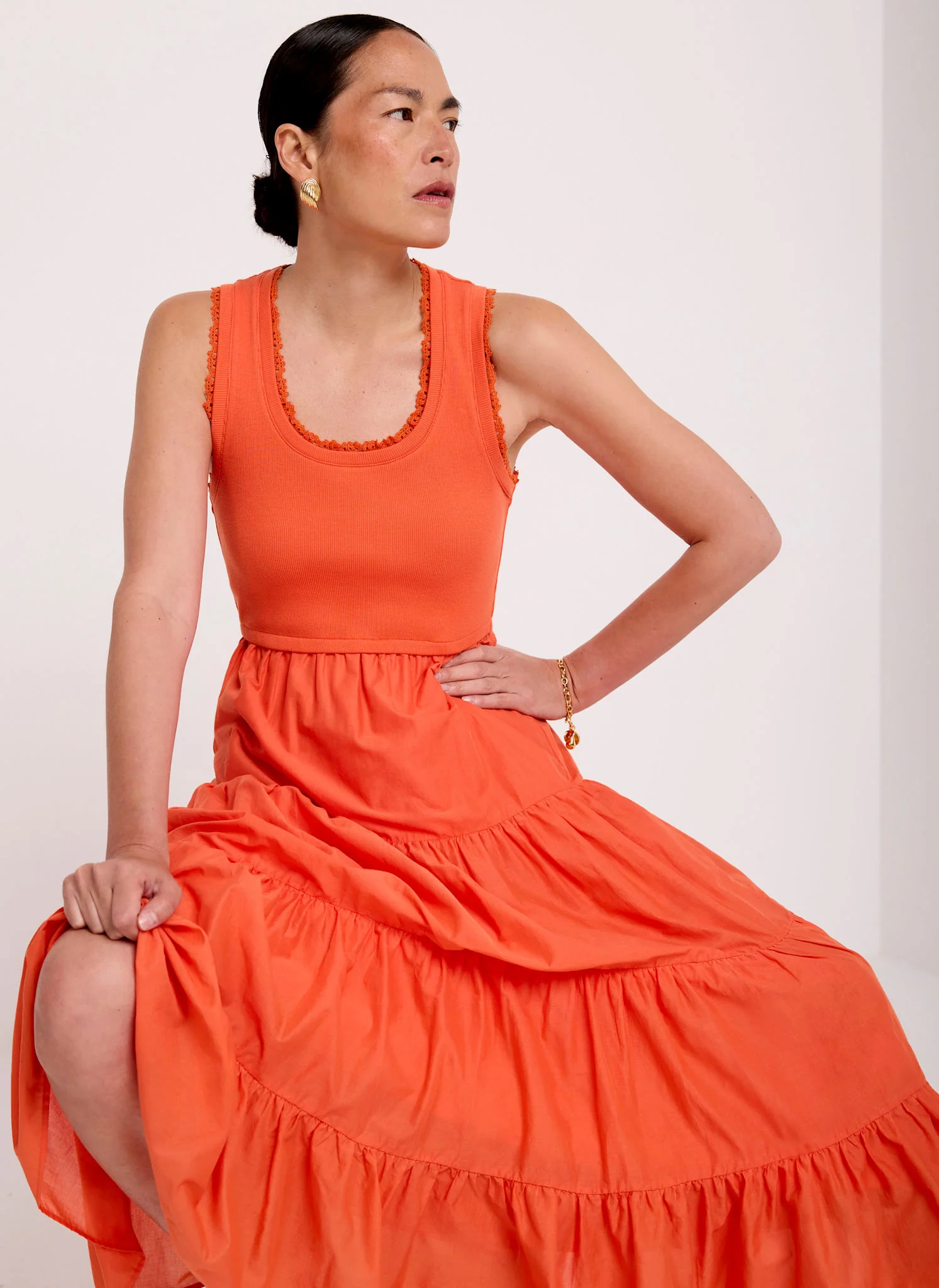 Orange Crochet Trim Tiered Midi Dress - Image 2
