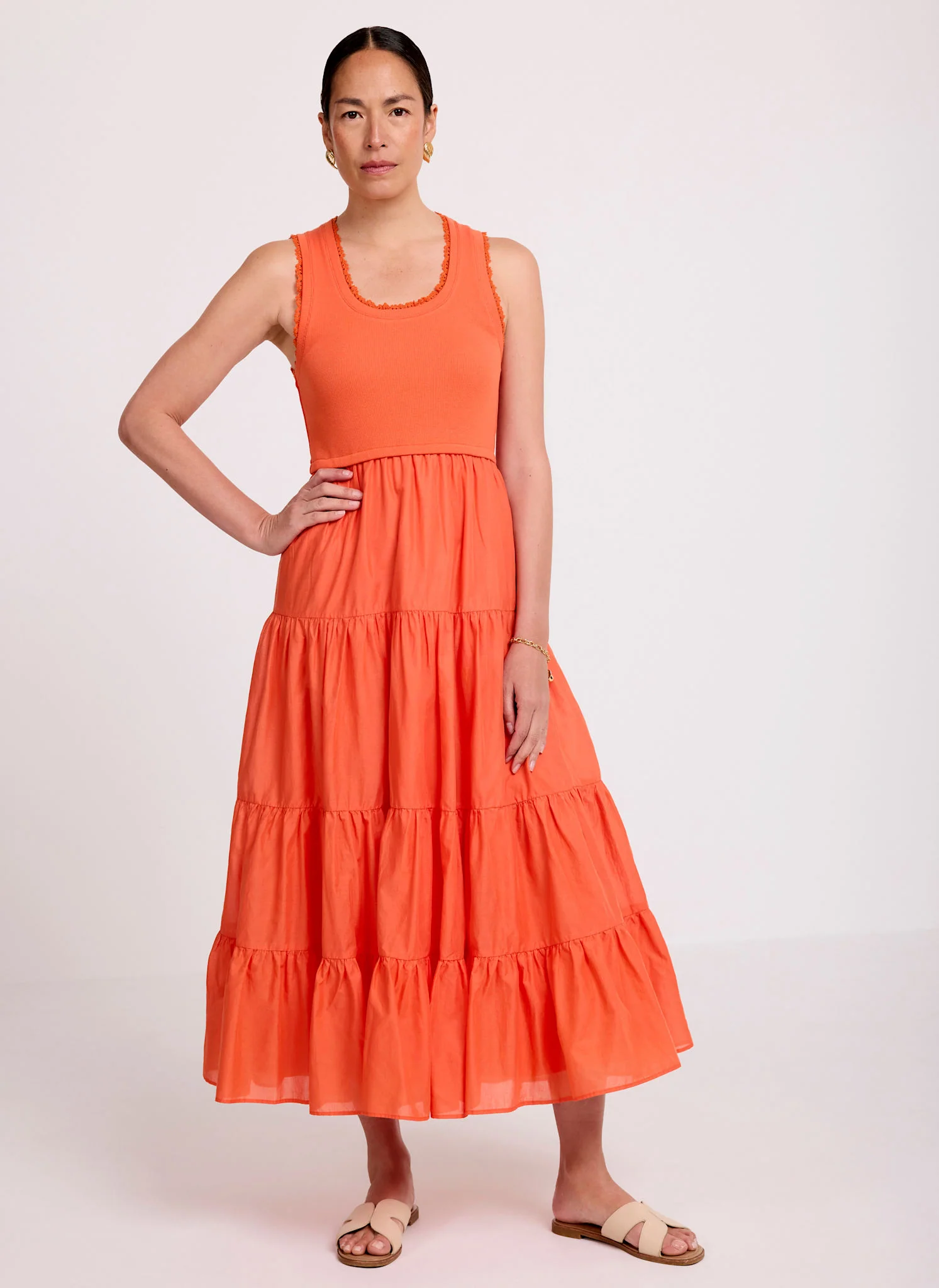 Orange Crochet Trim Tiered Midi Dress - Image 5