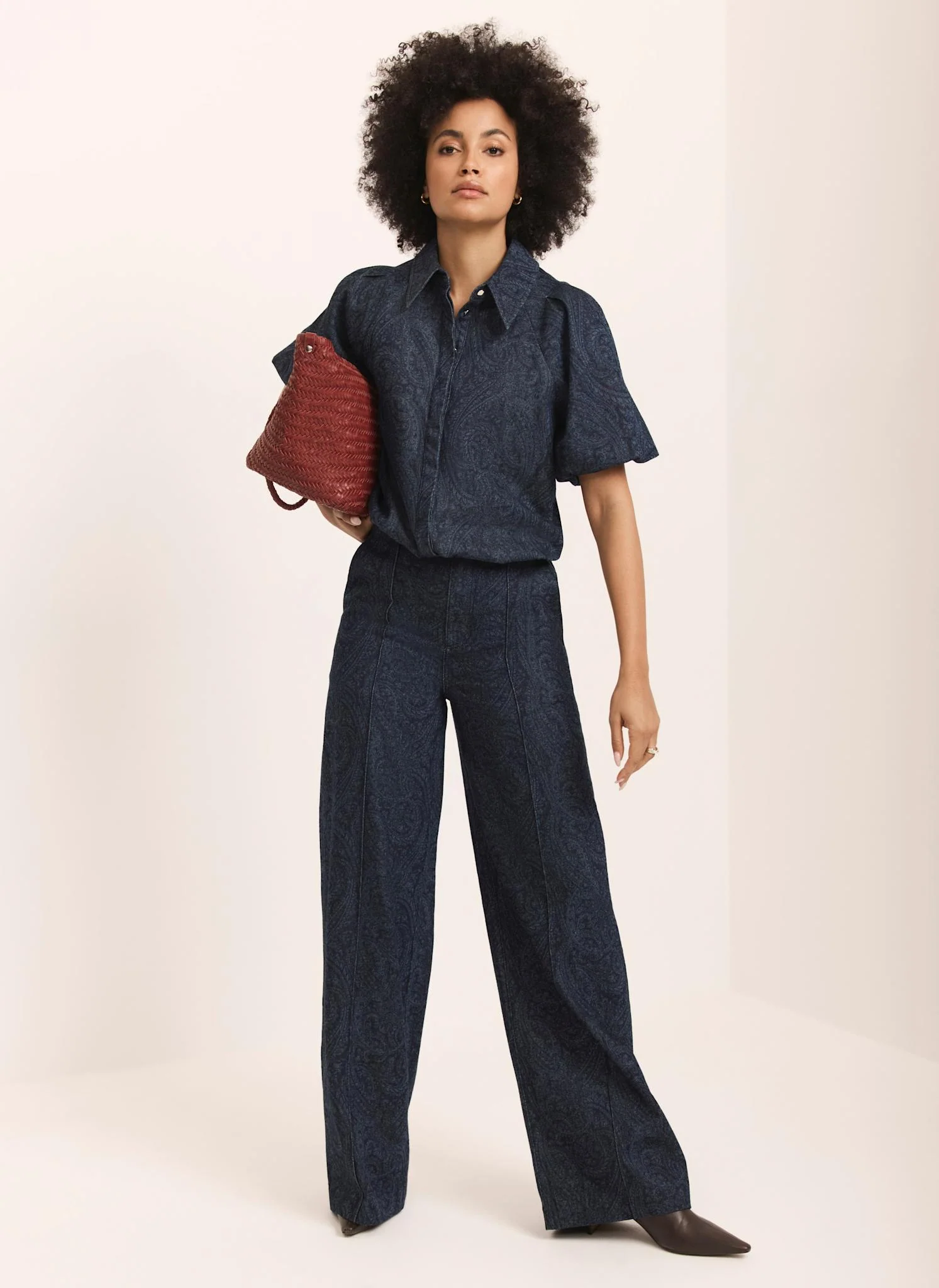 Navy Paisley Denim Wide Jeans - Image 3