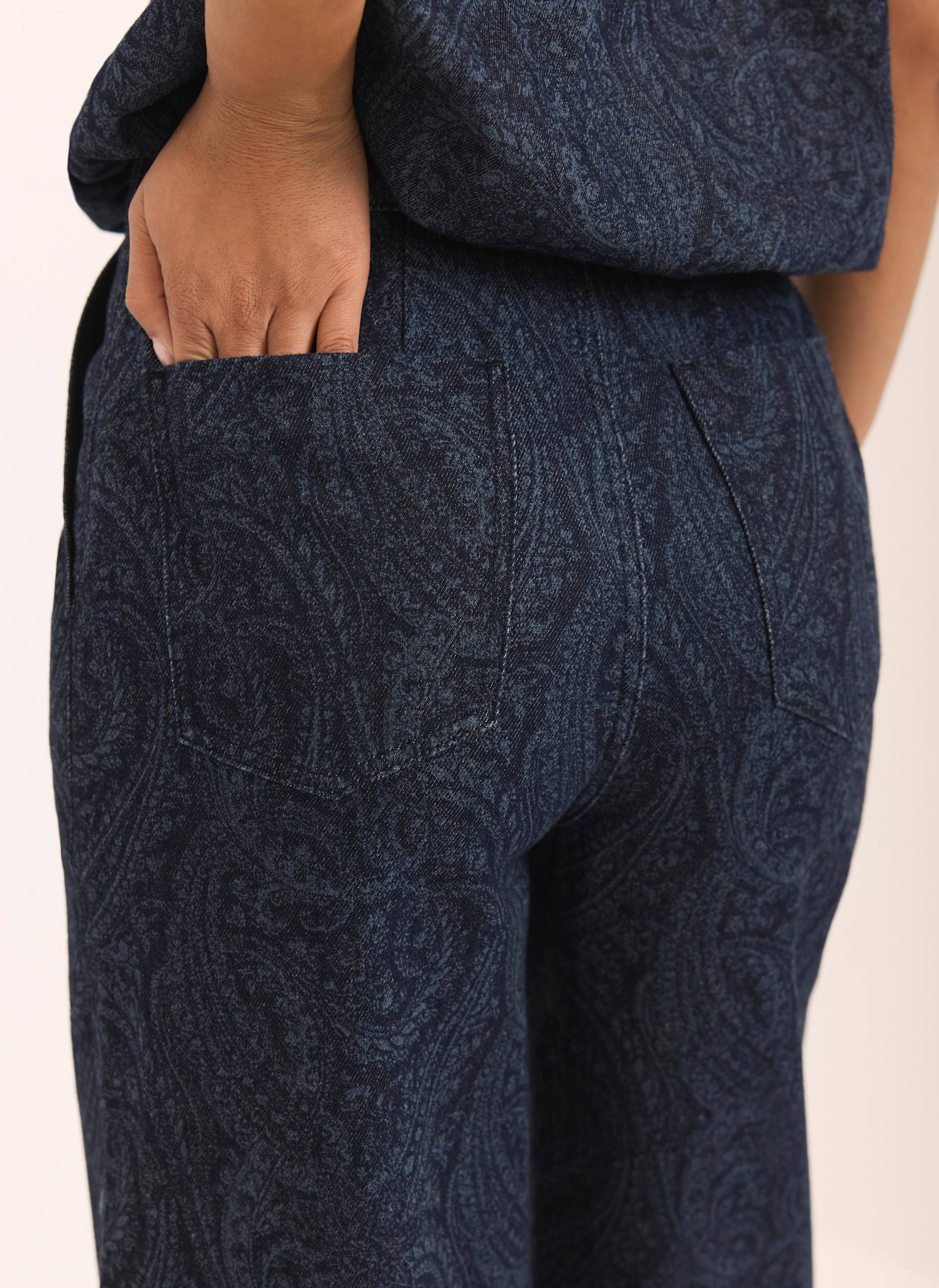 Navy Paisley Denim Wide Jeans - Image 4
