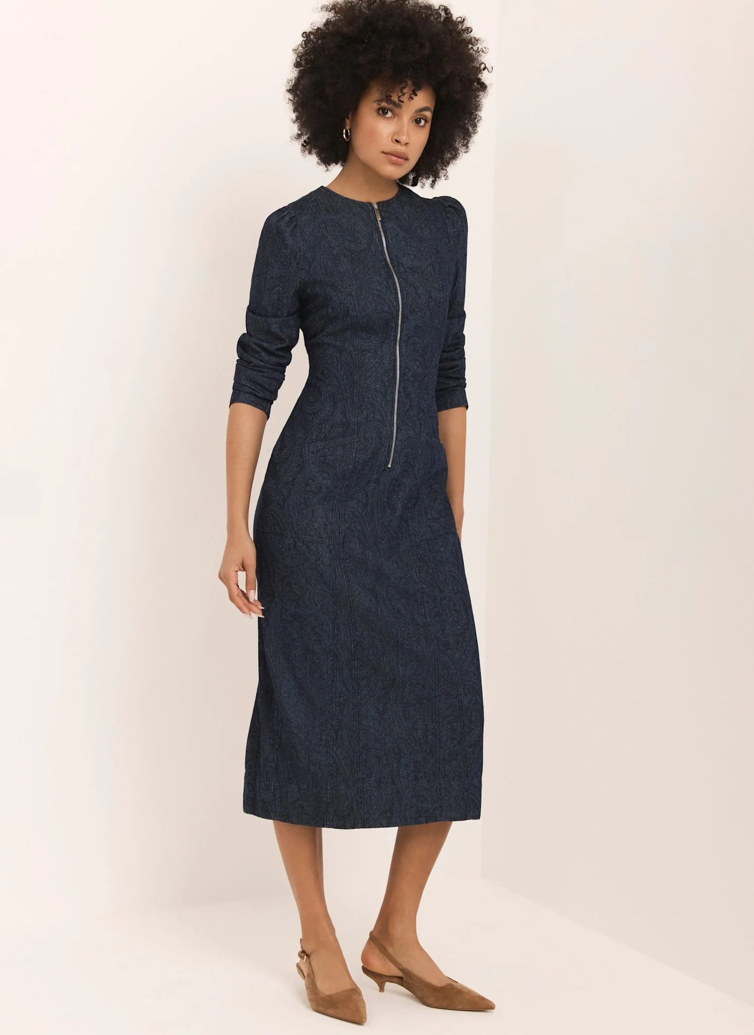 Dark Indigo Paisley Print Denim Midi Dress