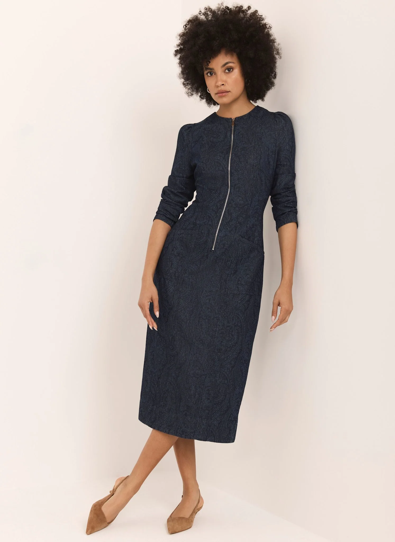 Dark Indigo Paisley Print Denim Midi Dress - Image 4