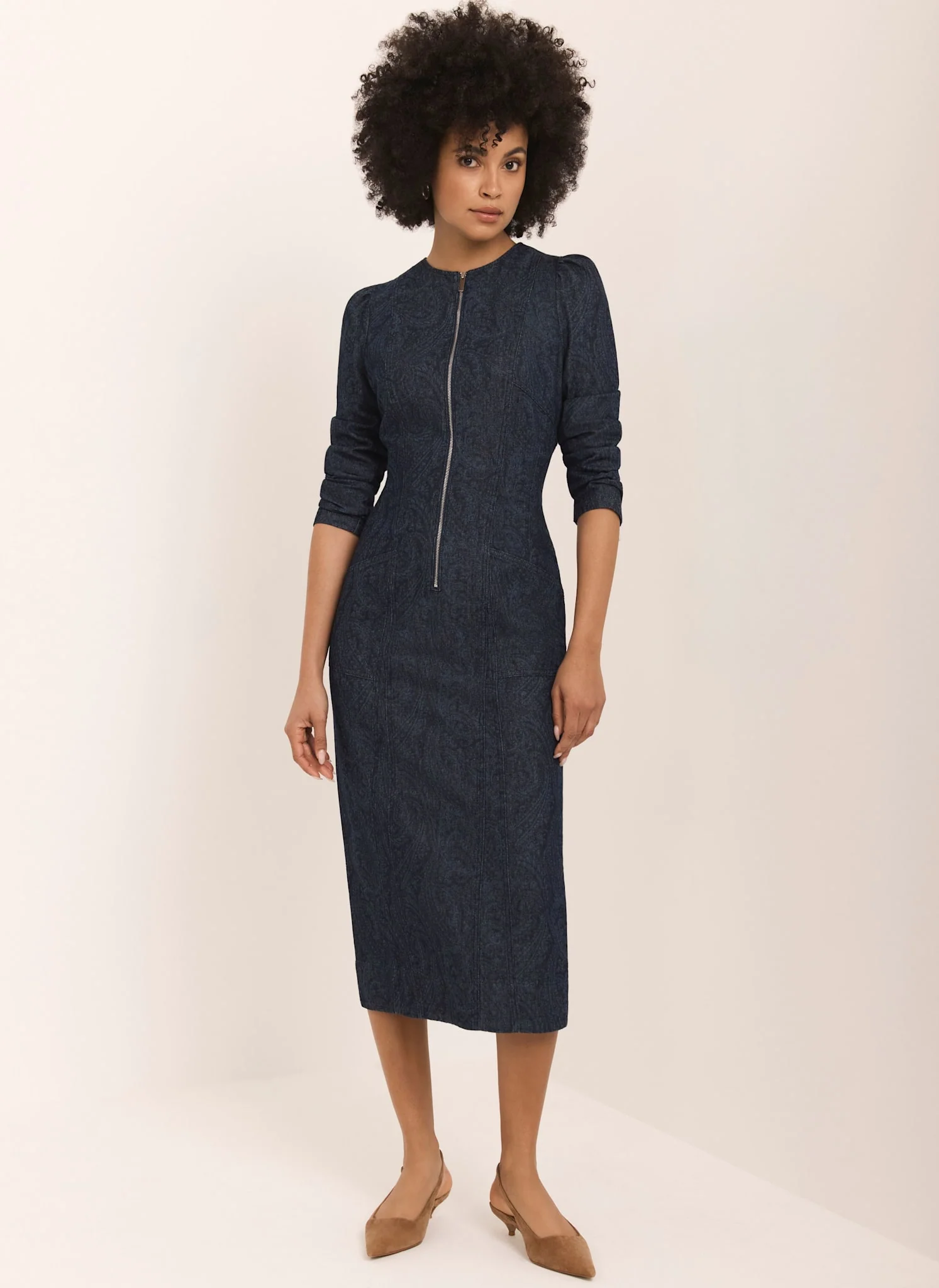 Dark Indigo Paisley Print Denim Midi Dress - Image 5