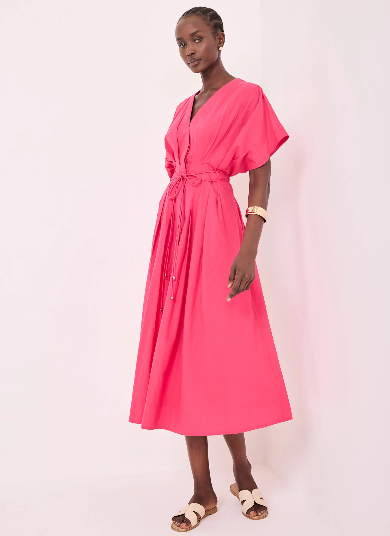 Pink Cotton Tie Waist Midi Dress