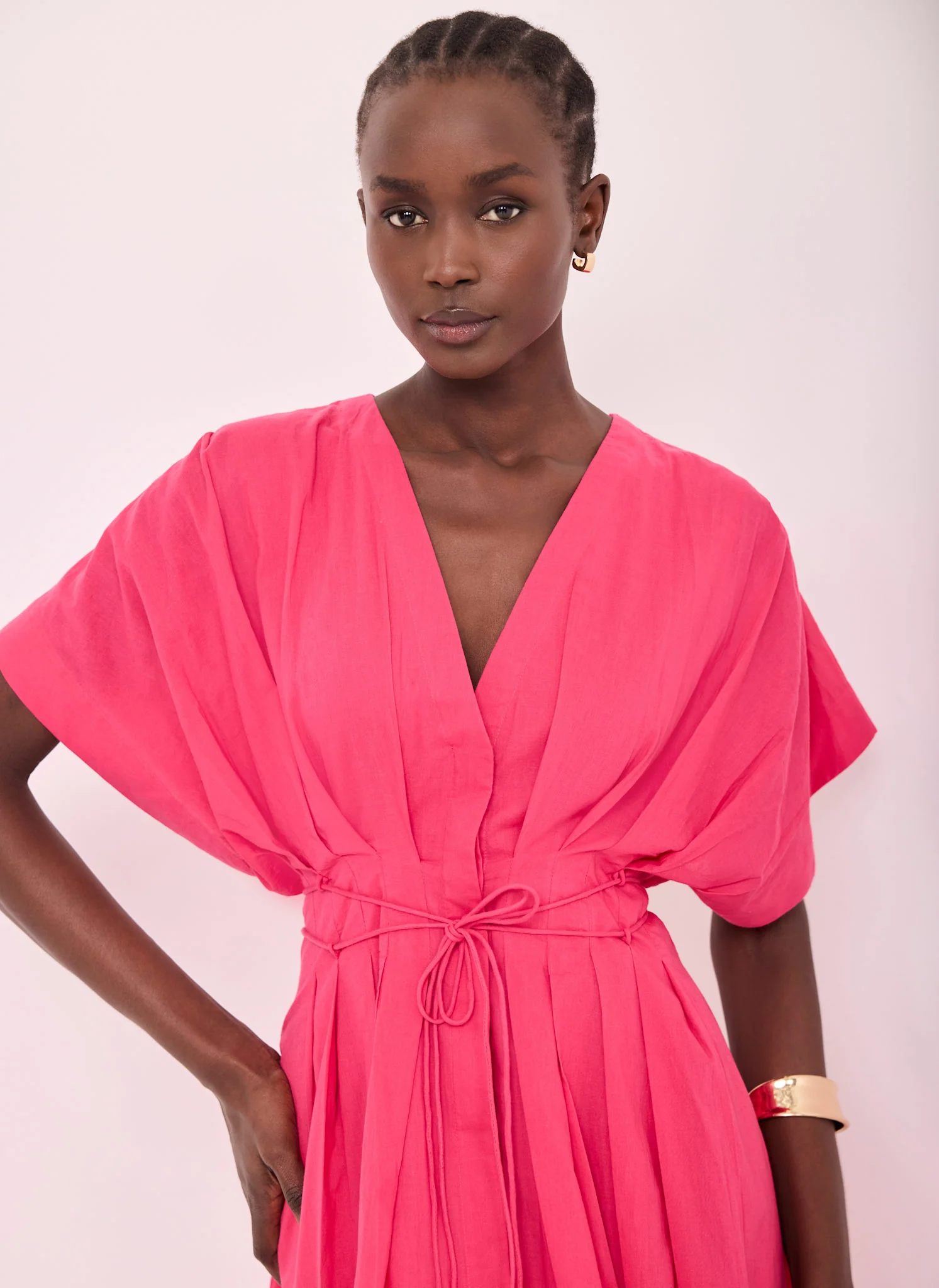 Pink Cotton Tie Waist Midi Dress - Image 4