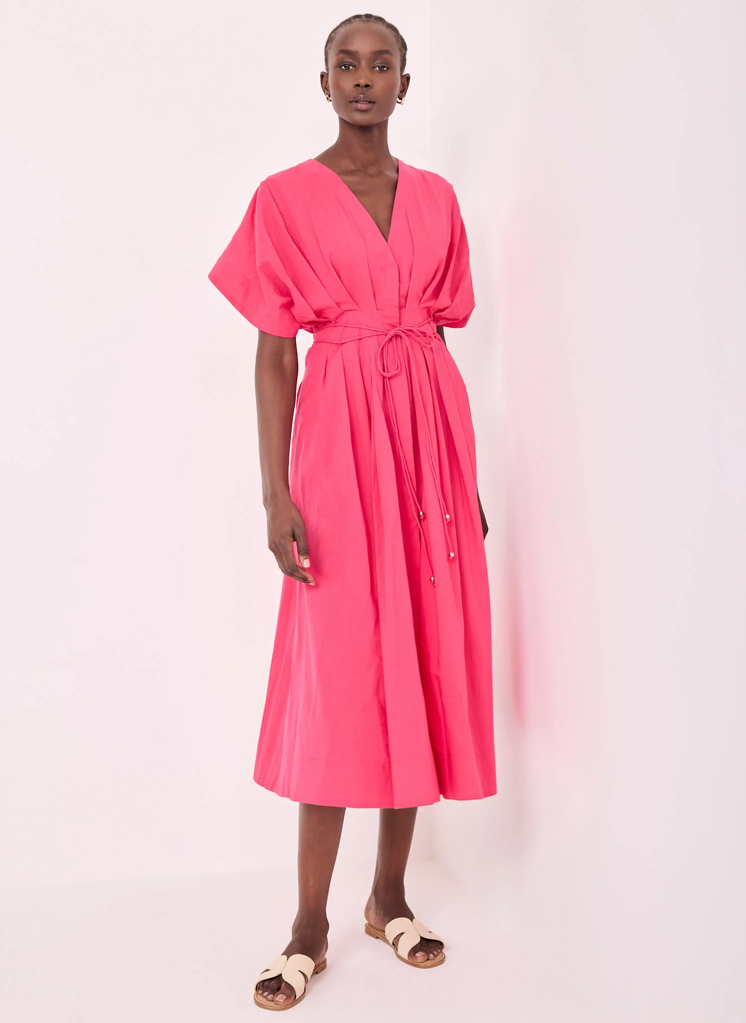 Pink Cotton Tie Waist Midi Dress - Image 5