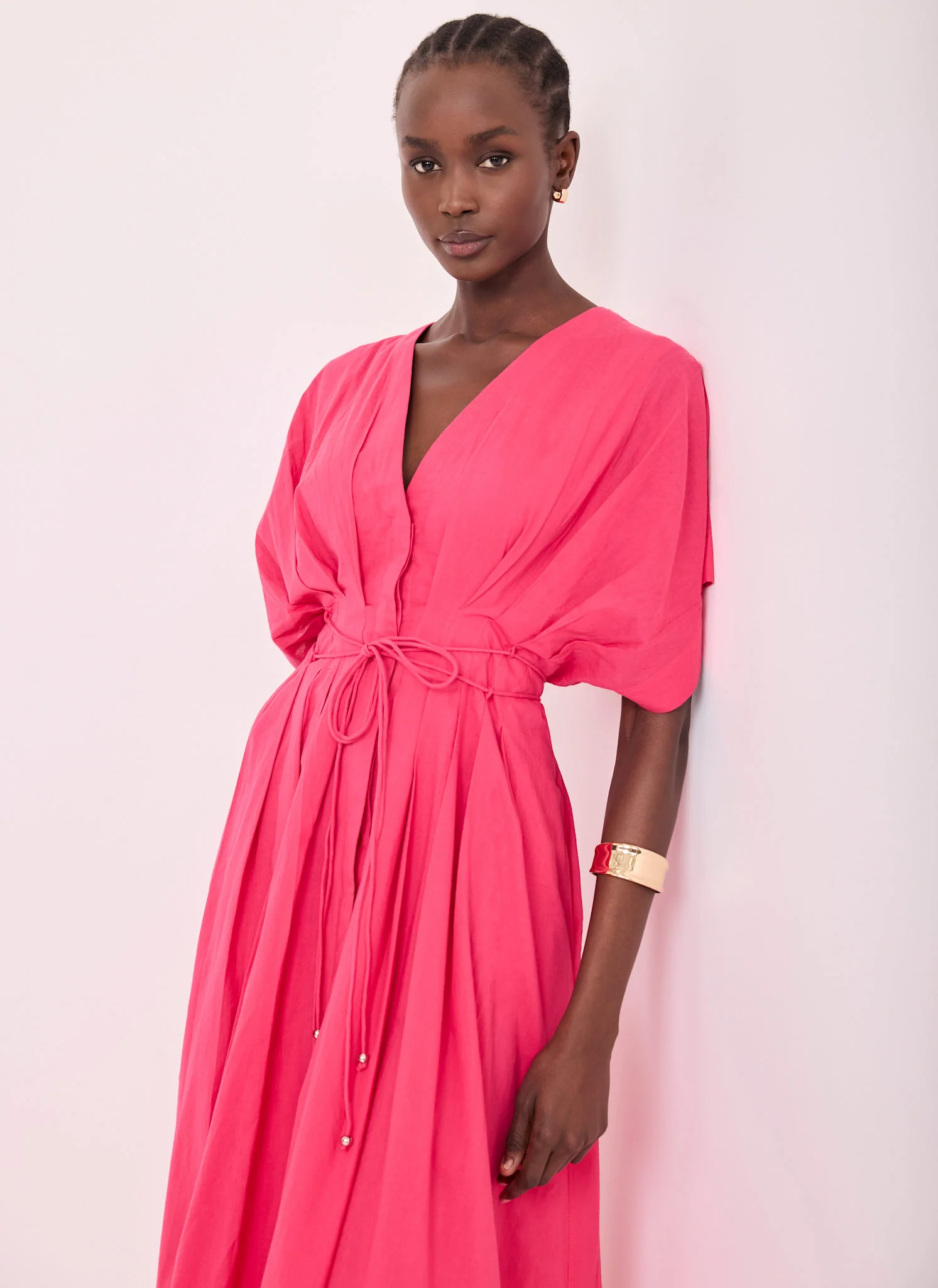 Pink Cotton Tie Waist Midi Dress - Image 6
