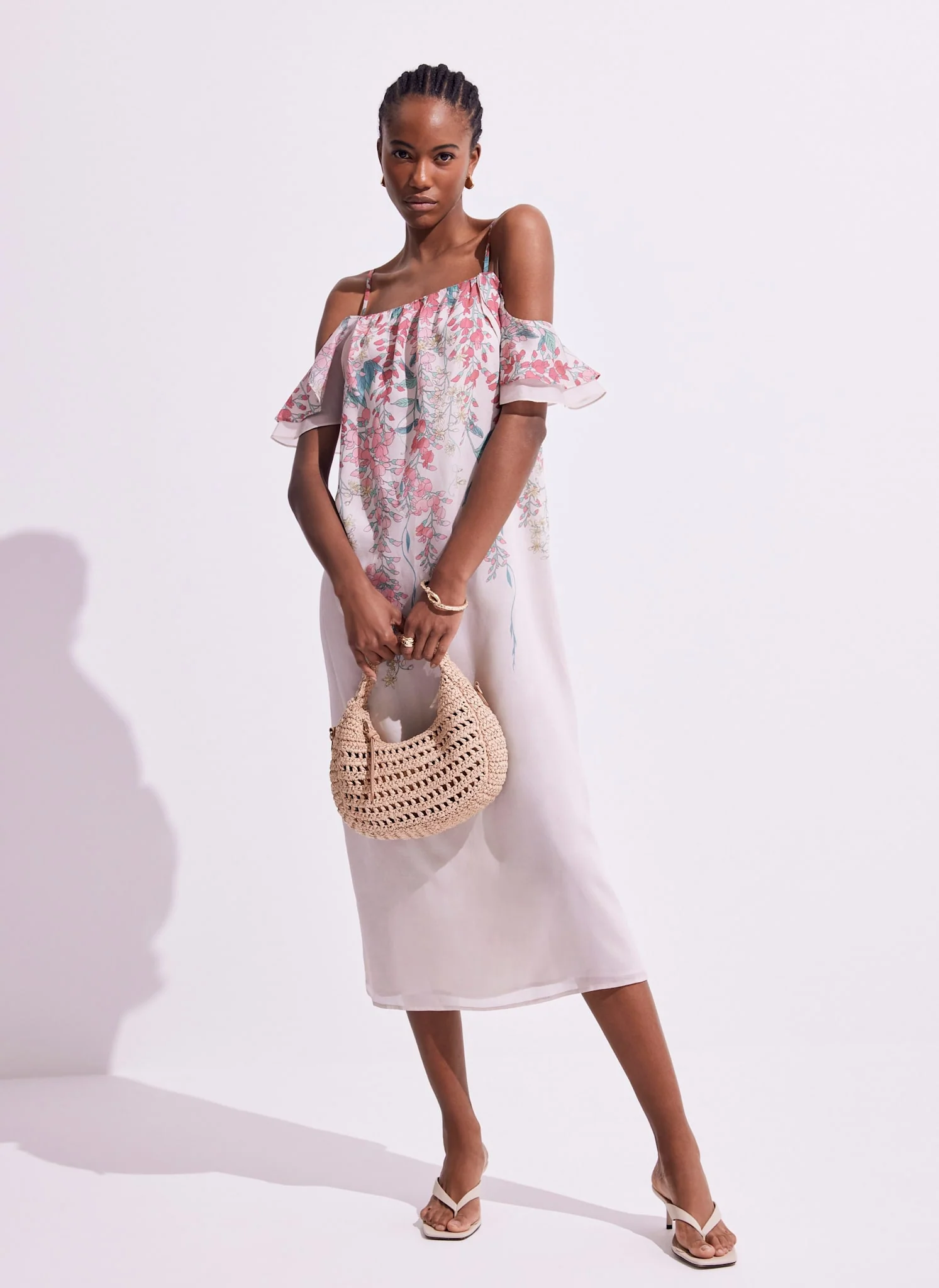 Pink Floral Print Midi Dress
