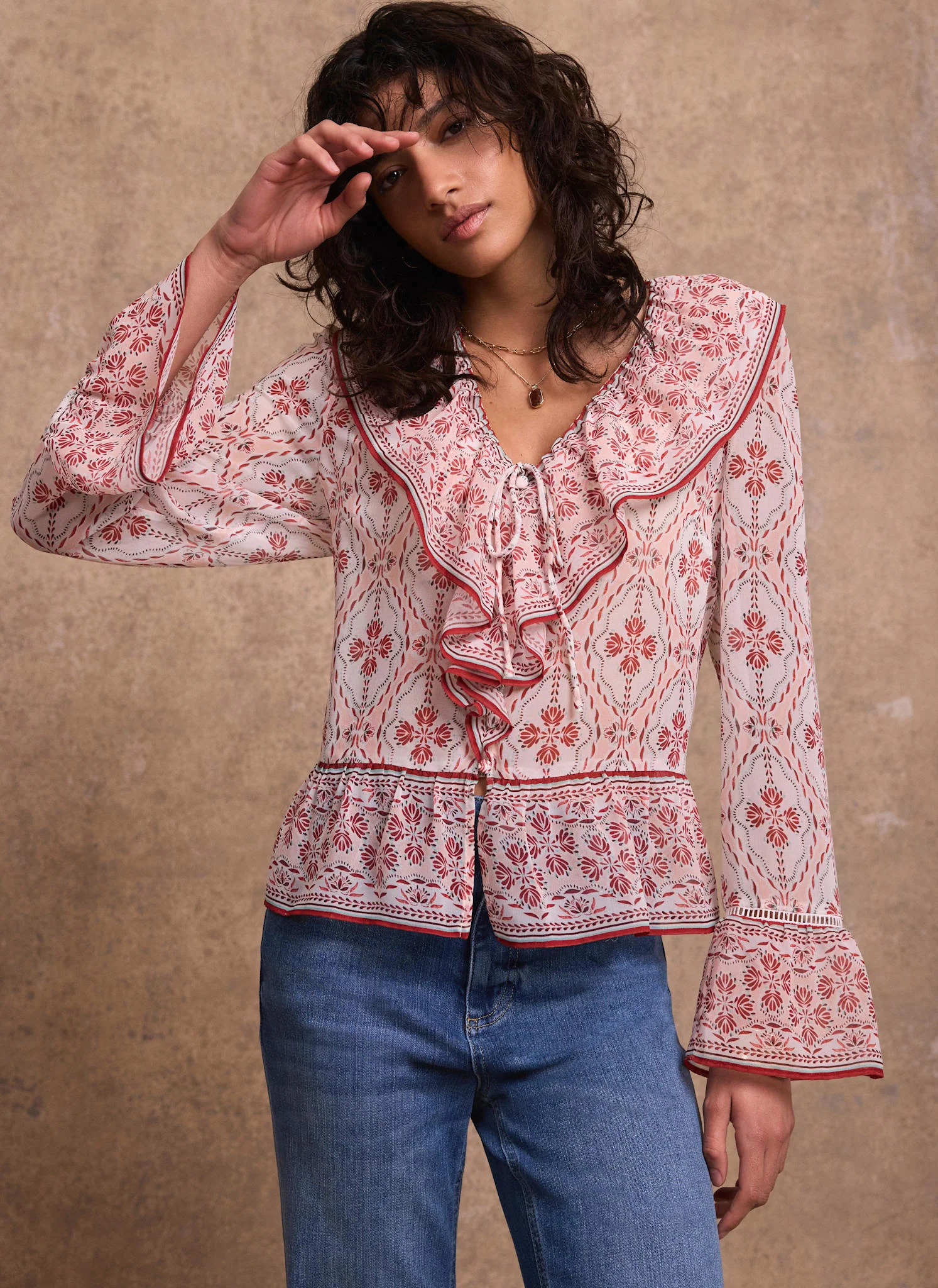 Pink Geo Print Ruffle Blouse - Image 2