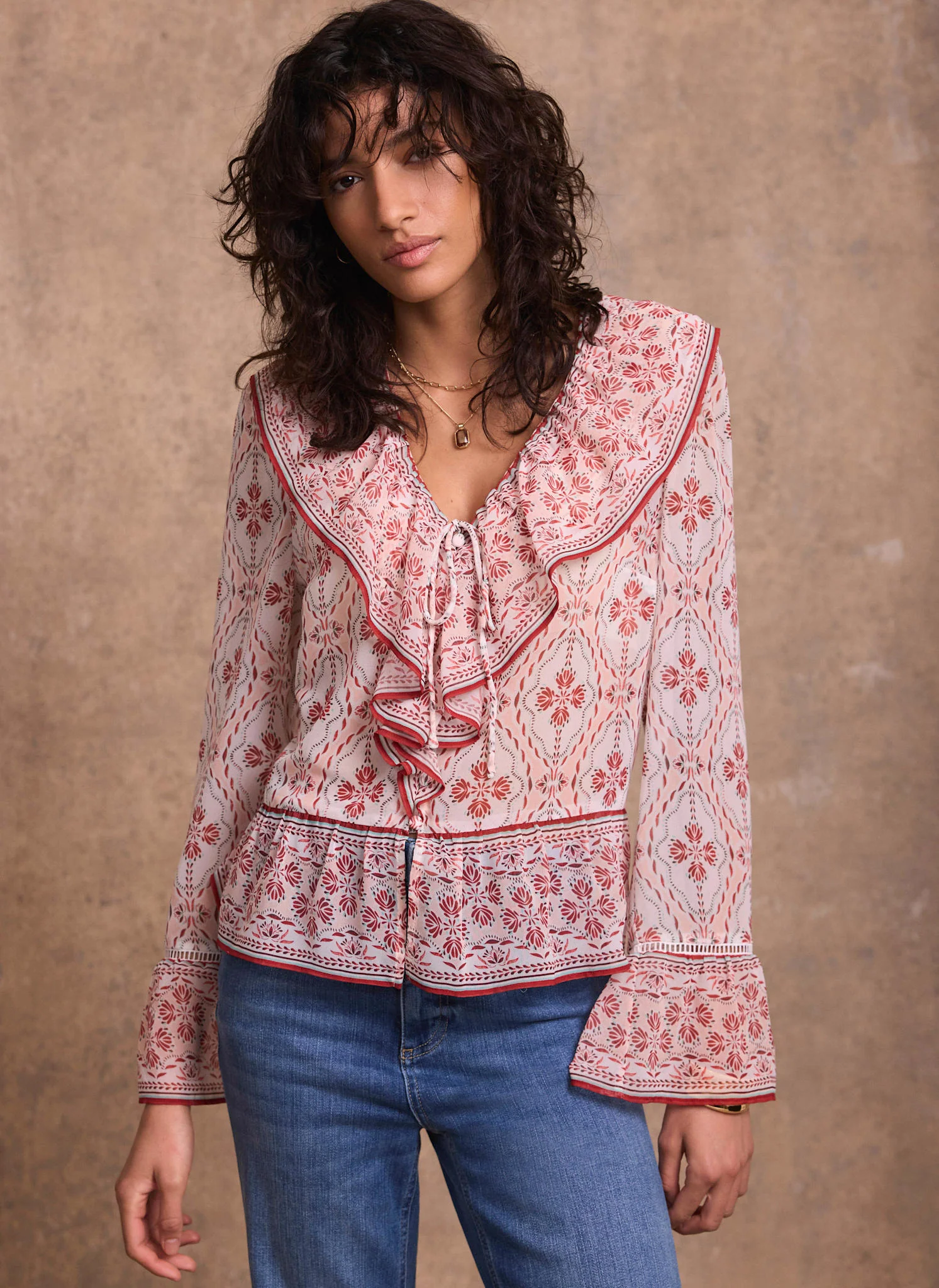 Pink Geo Print Ruffle Blouse - Image 5