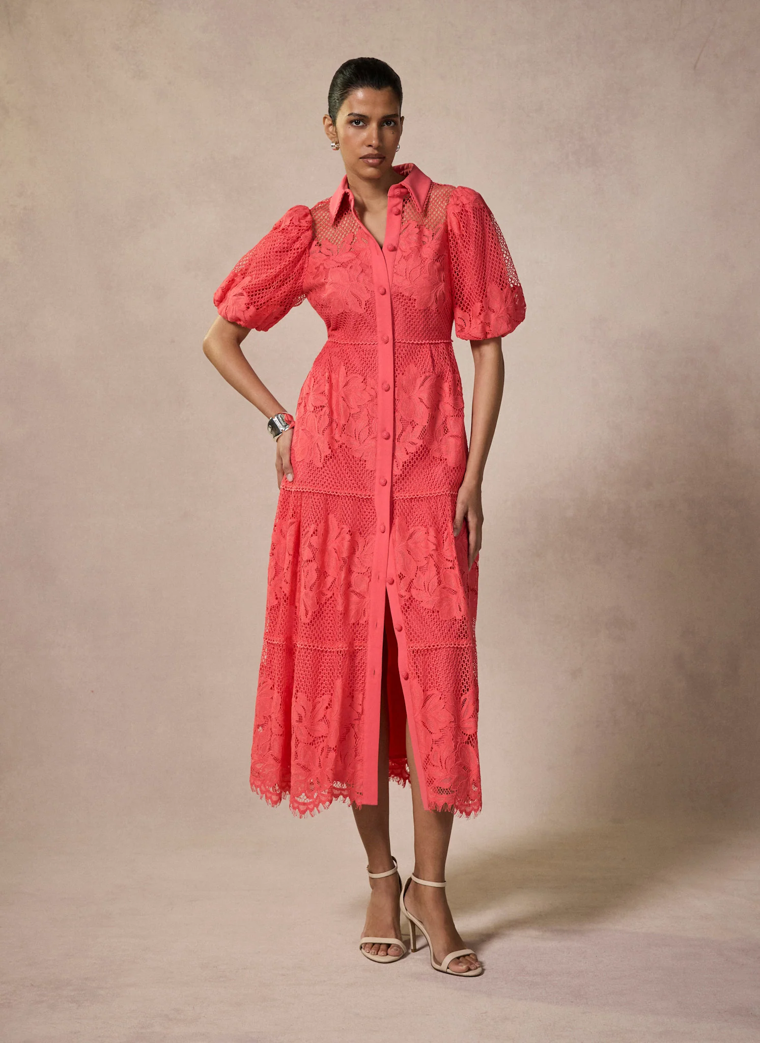 Deep Pink Lace Midi Shirt Dress - Image 2
