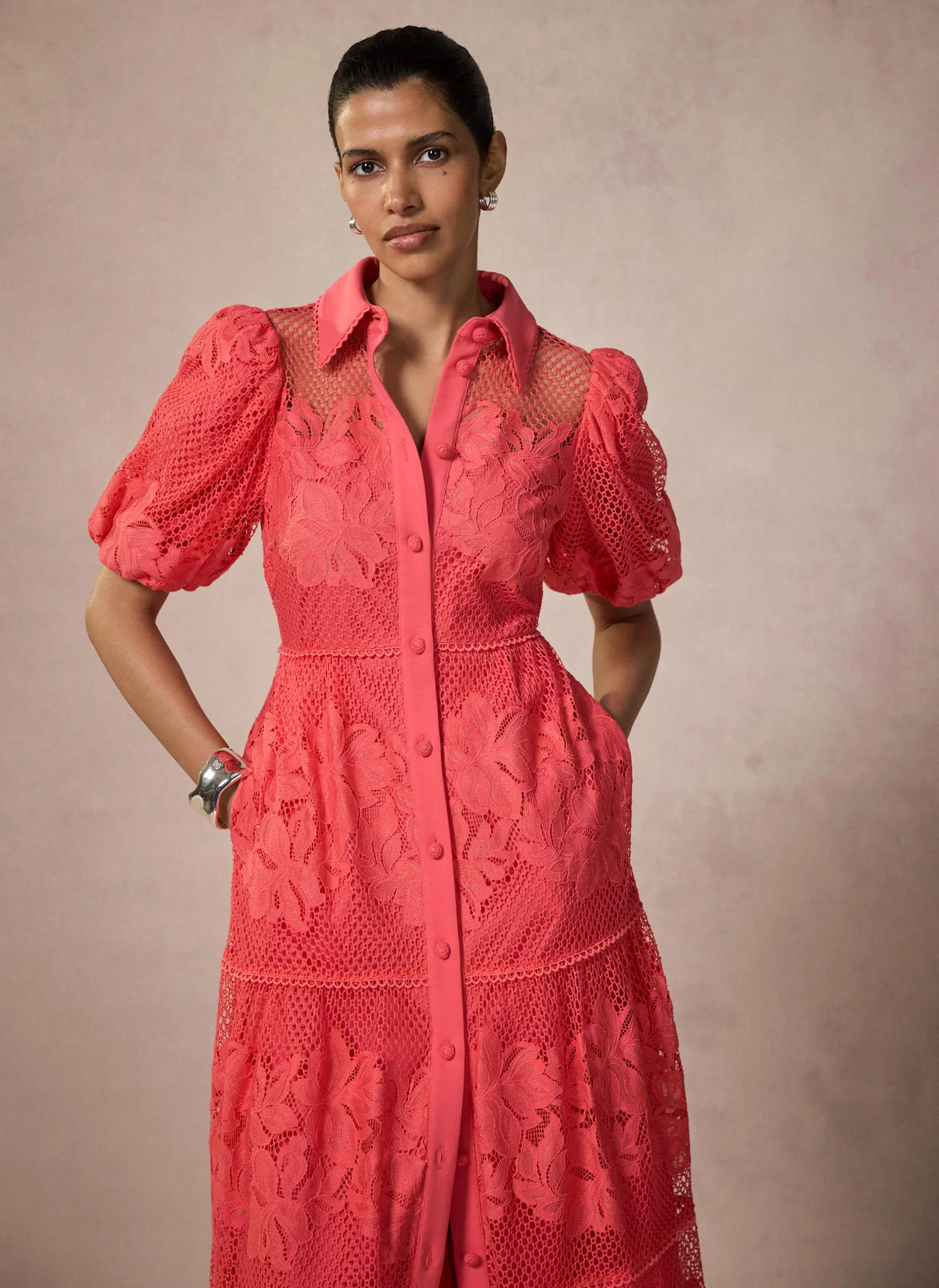 Deep Pink Lace Midi Shirt Dress - Image 4