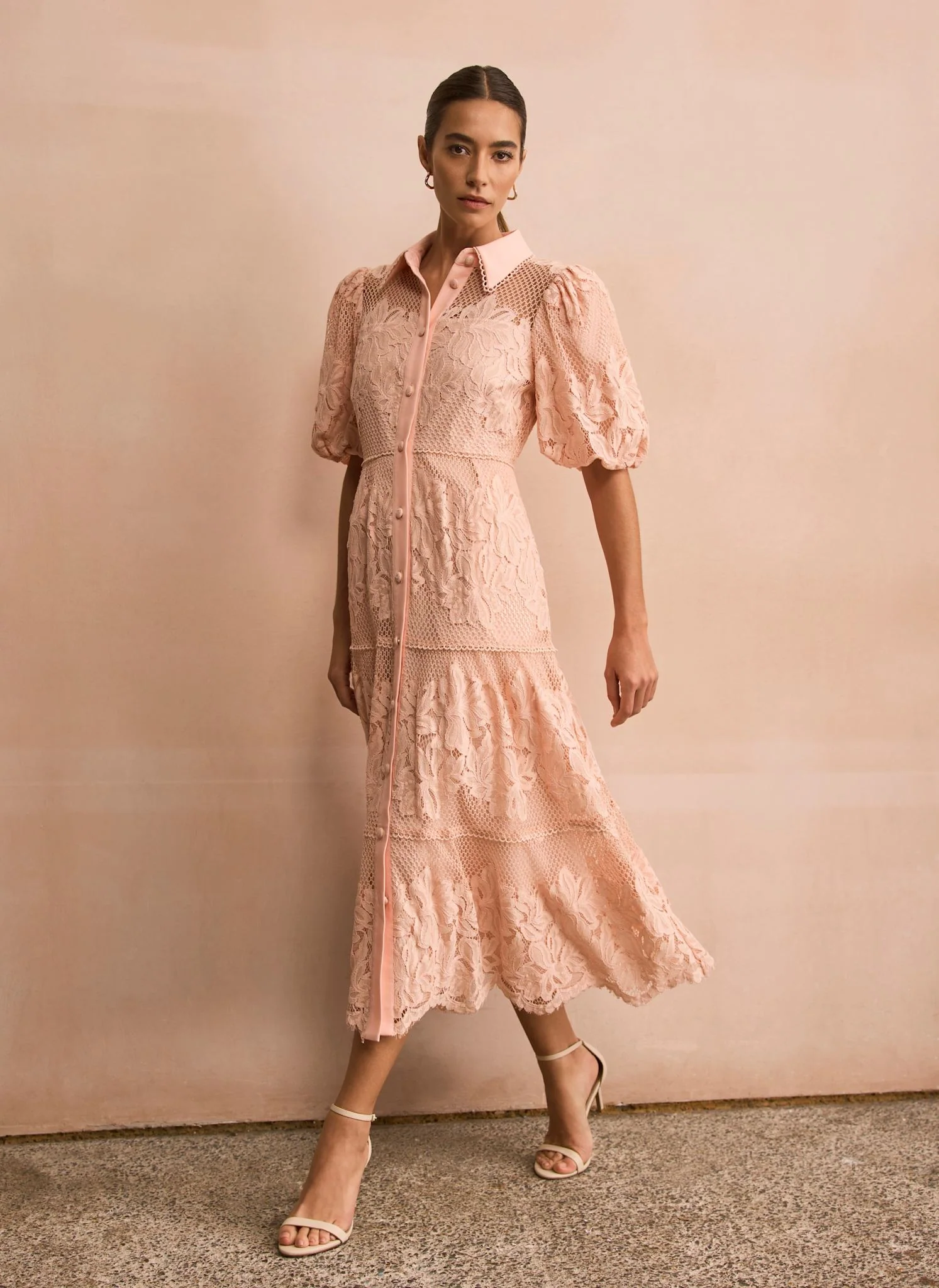 Pale Pink Lace Midi Shirt Dress - Image 2