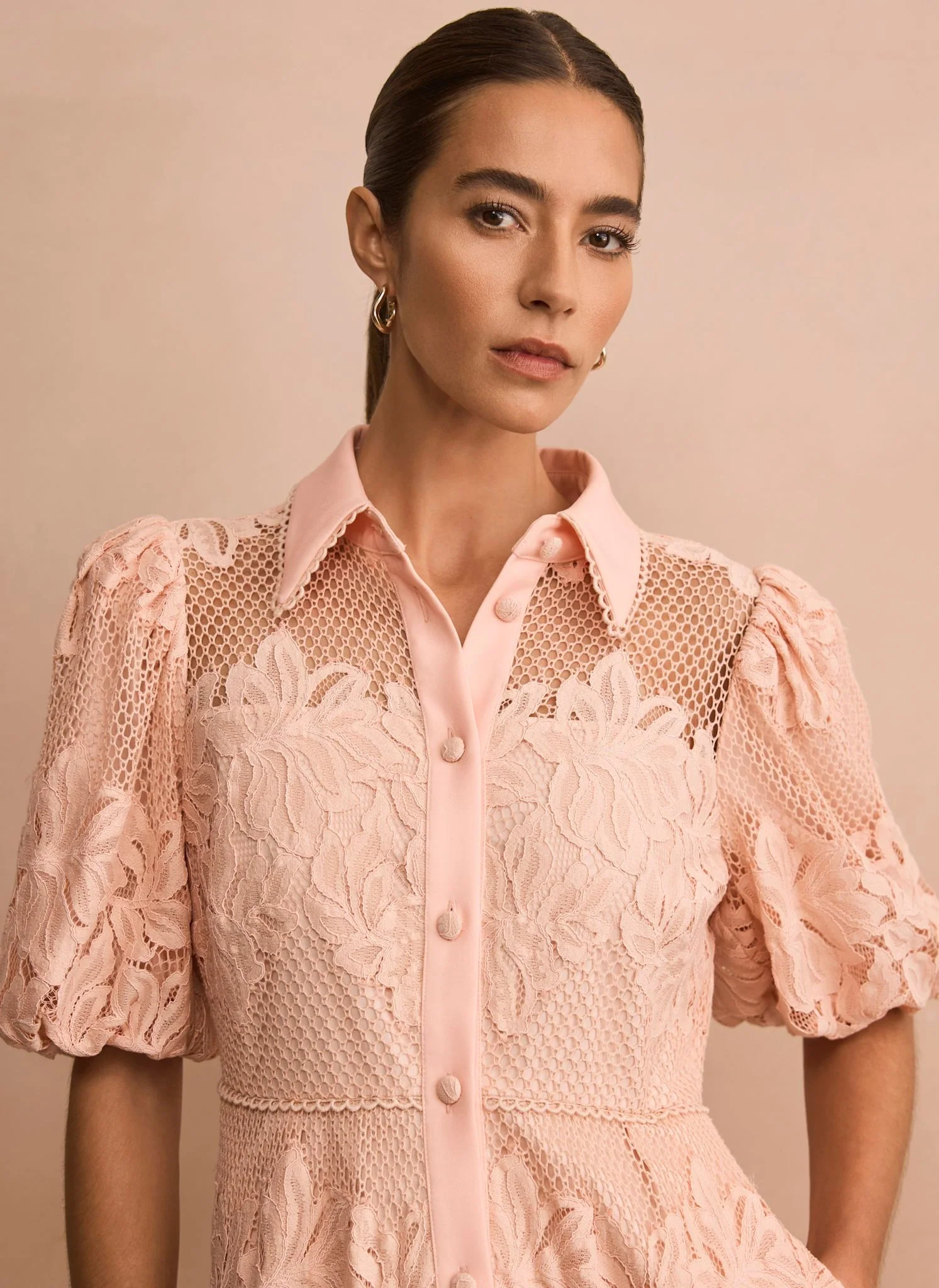 Pale Pink Lace Midi Shirt Dress - Image 3