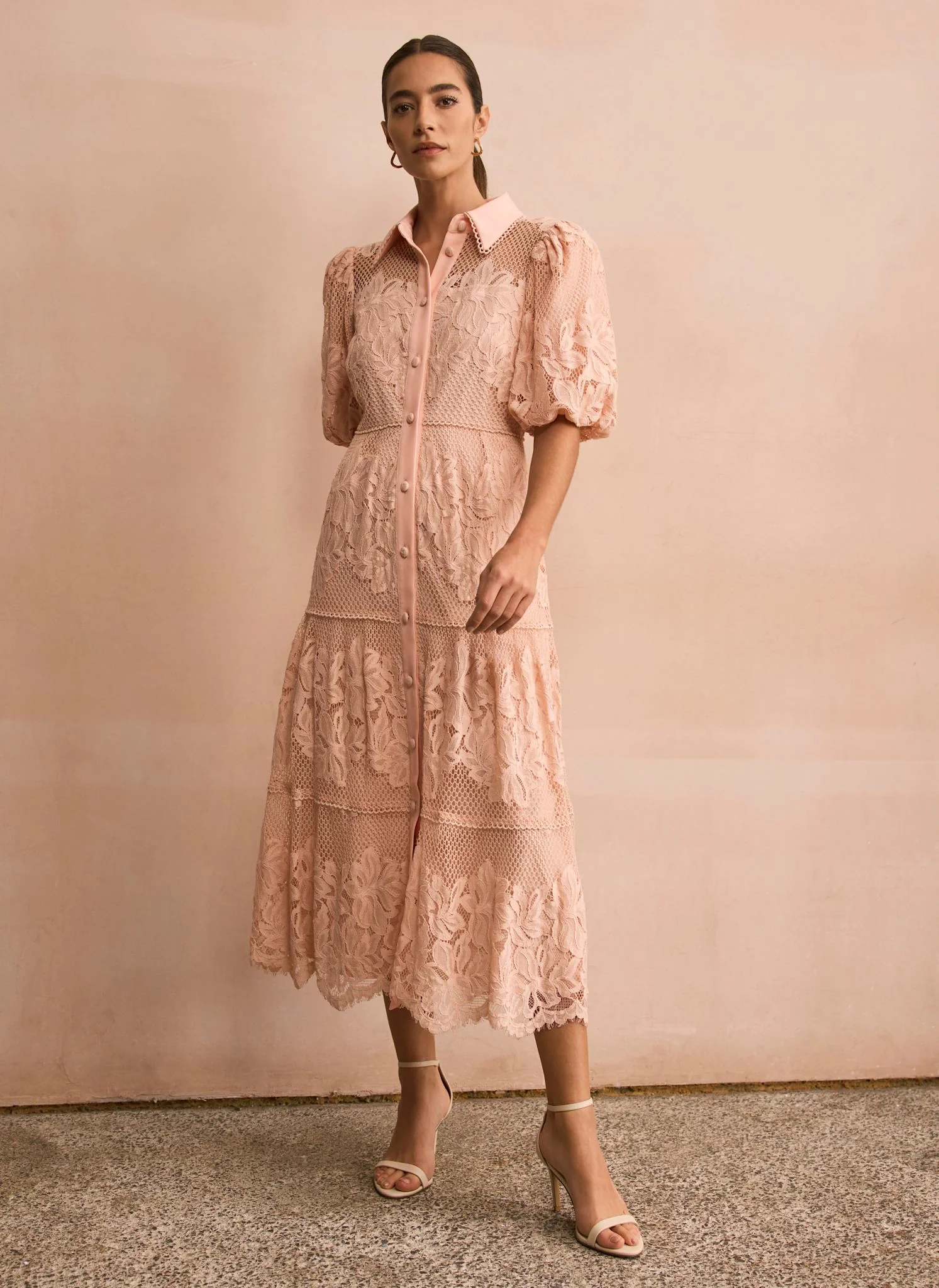 Pale Pink Lace Midi Shirt Dress - Image 4