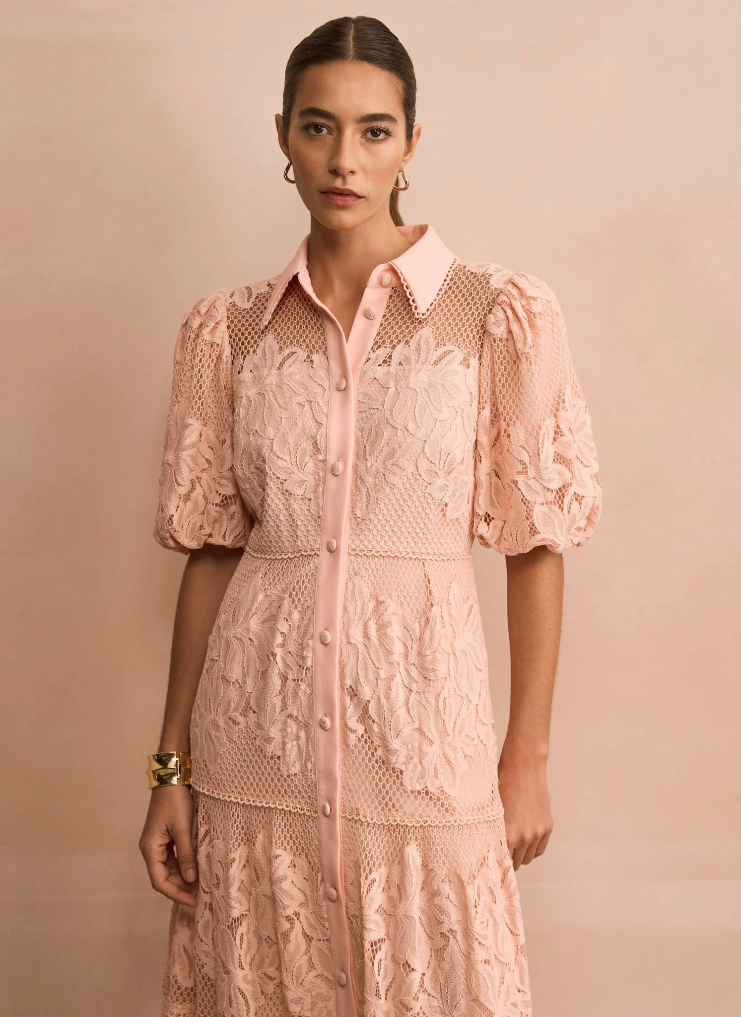 Pale Pink Lace Midi Shirt Dress - Image 5