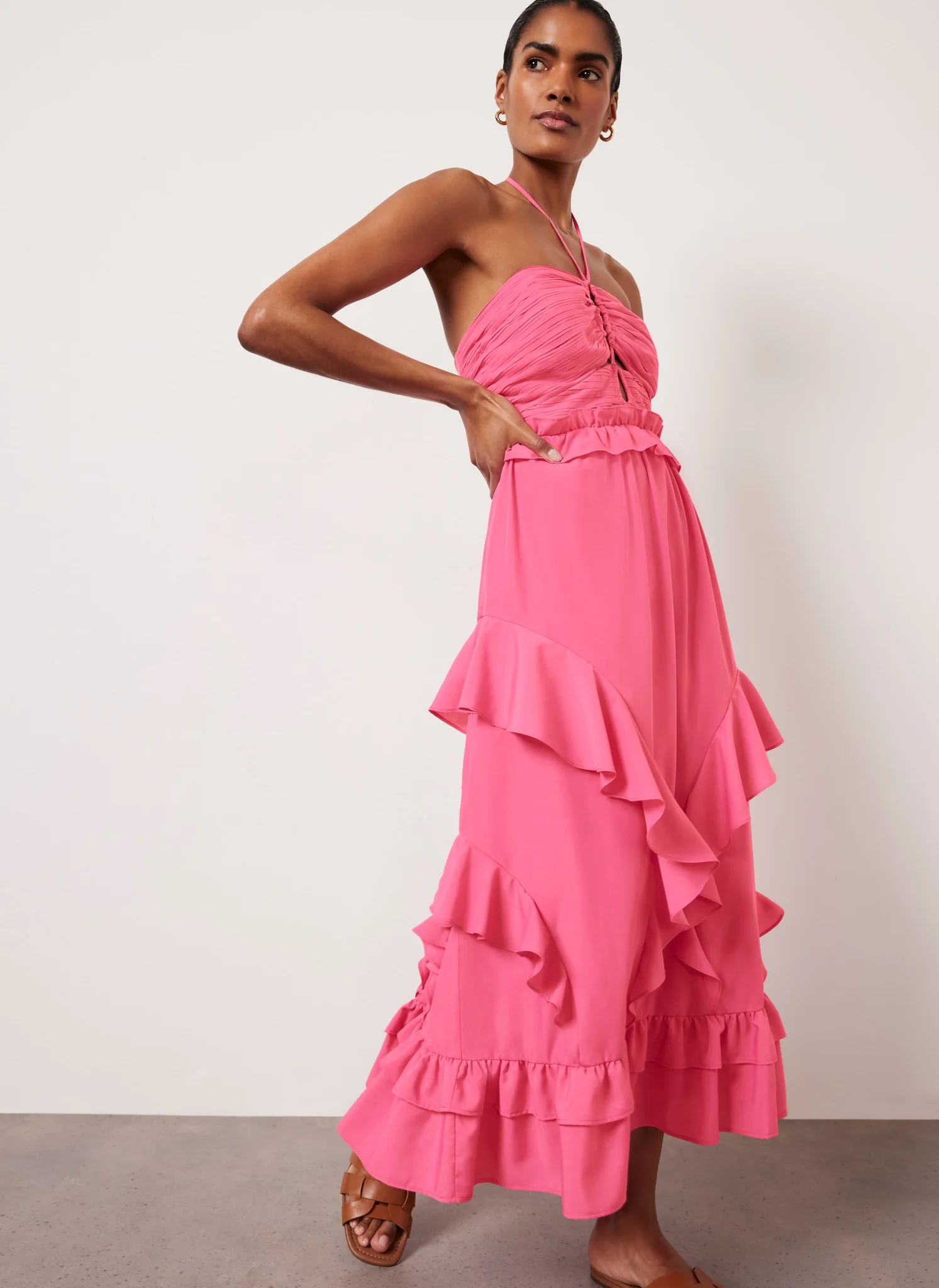 Pink Ruffle Halter Midi Dress - Image 2