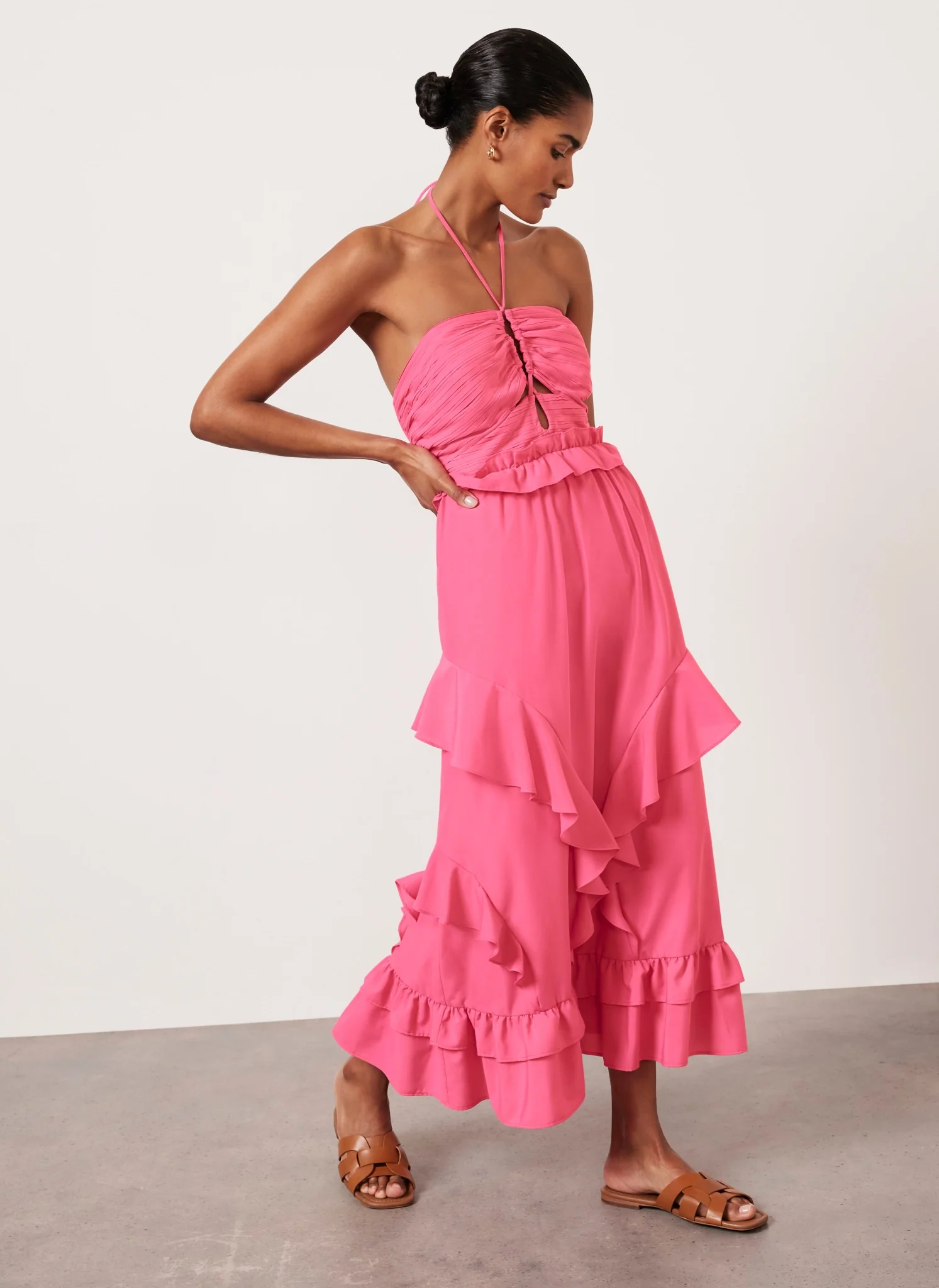 Pink Ruffle Halter Midi Dress - Image 3